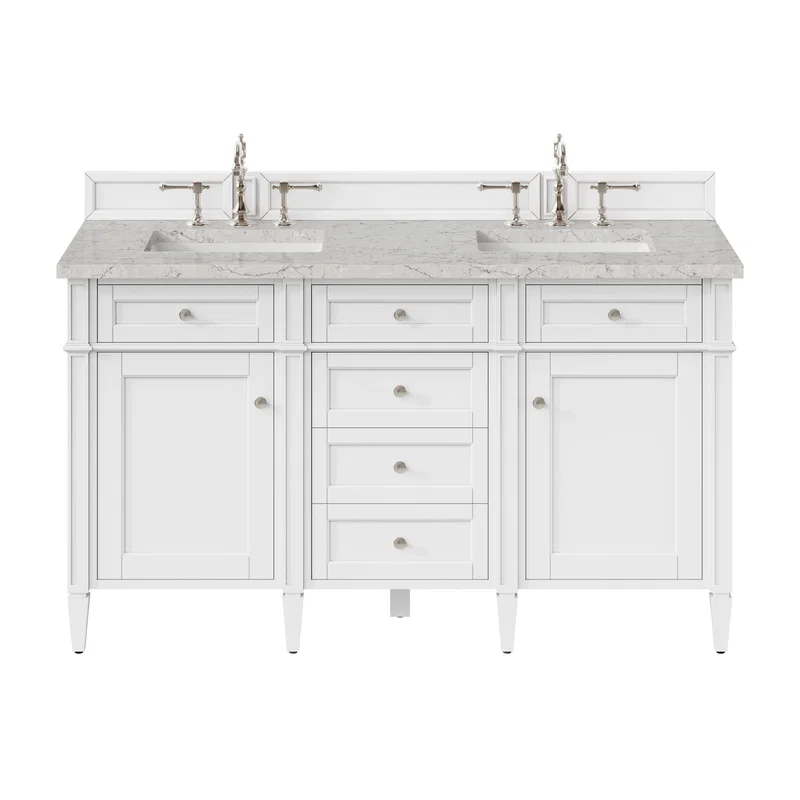 Brittany 60" Double Vanity, Bright White Vanity w/ 3 CM Eternal Jasmine Pearl Silestone Top