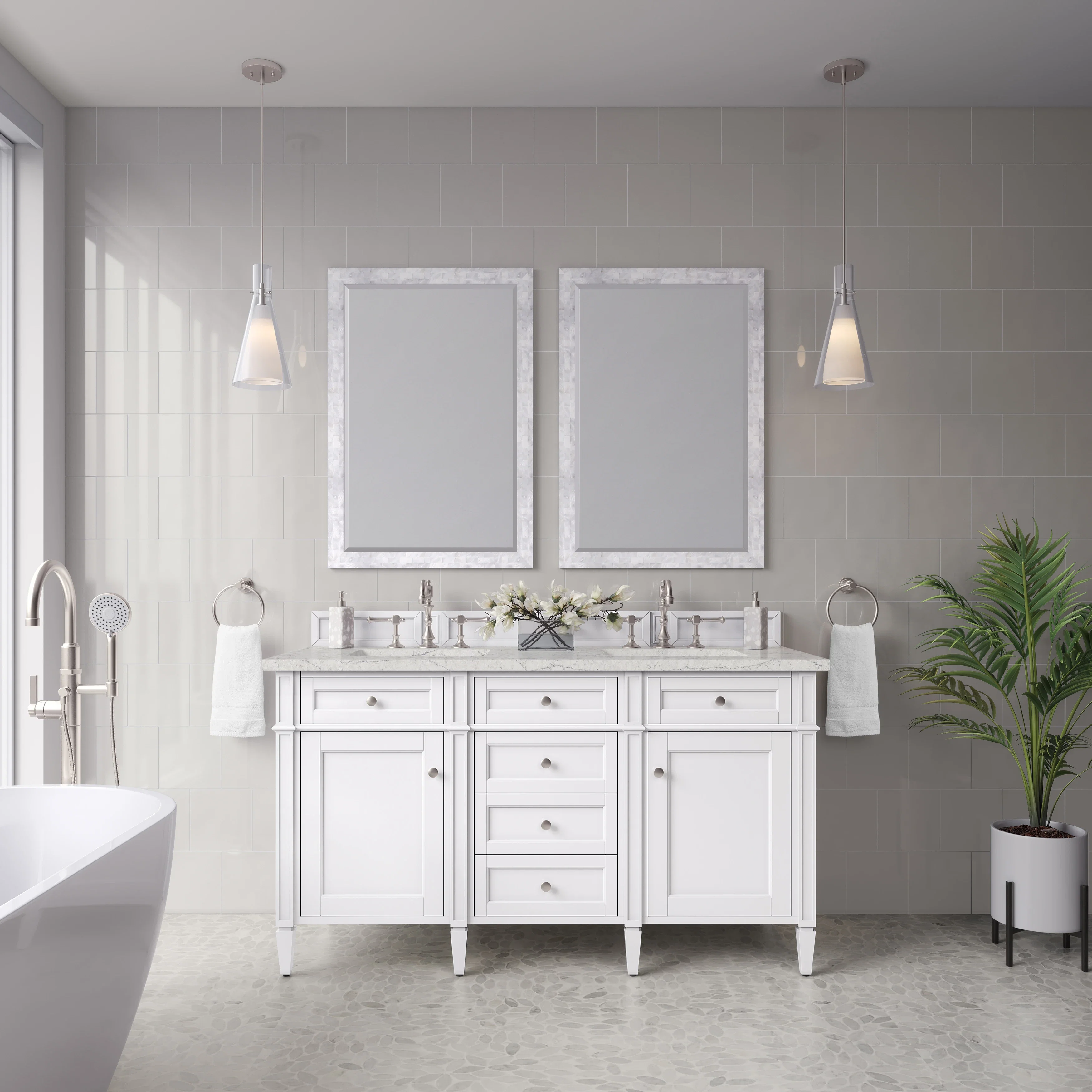 Brittany 60" Double Vanity, Bright White Vanity w/ 3 CM Eternal Jasmine Pearl Silestone Top