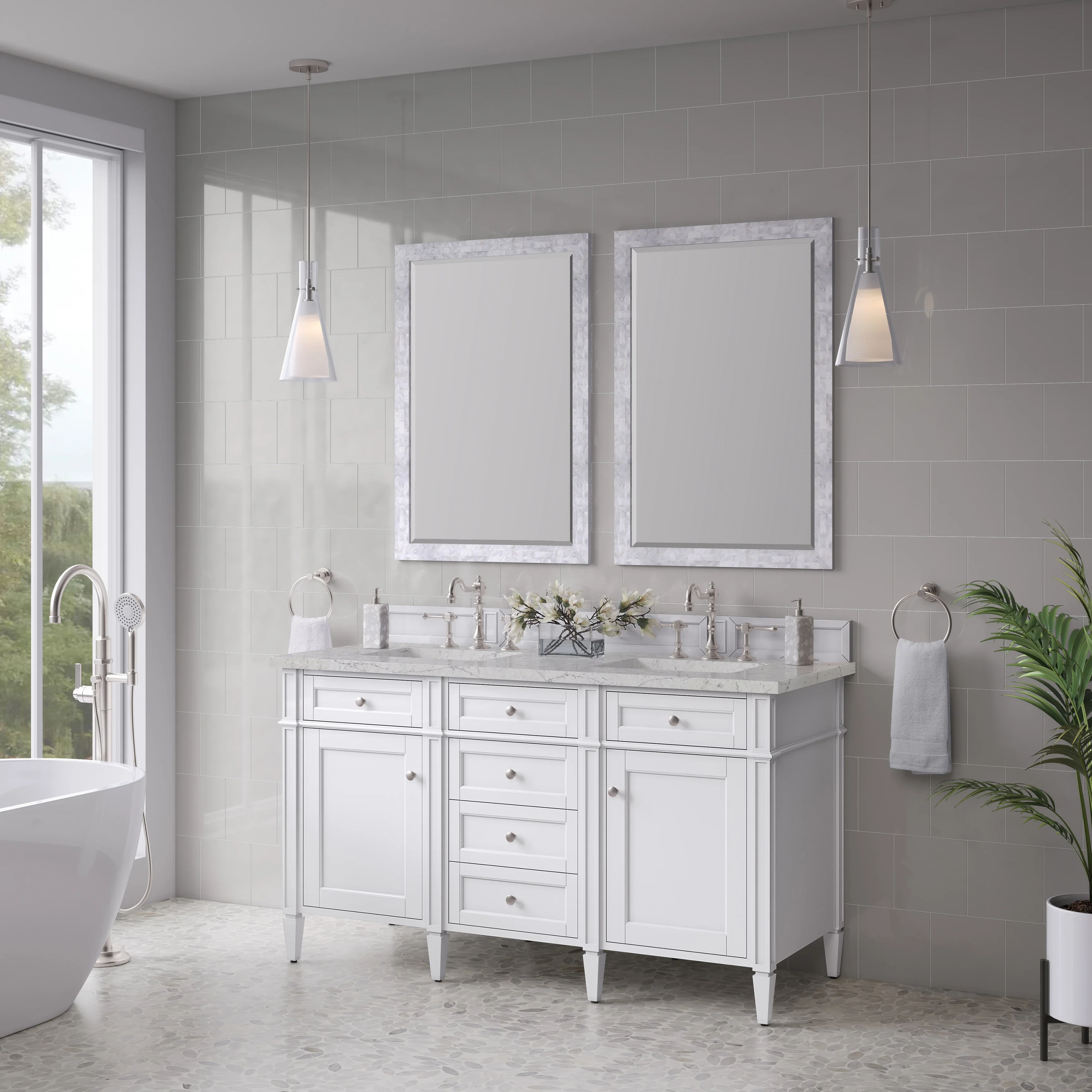 Brittany 60" Double Vanity, Bright White Vanity w/ 3 CM Eternal Jasmine Pearl Silestone Top