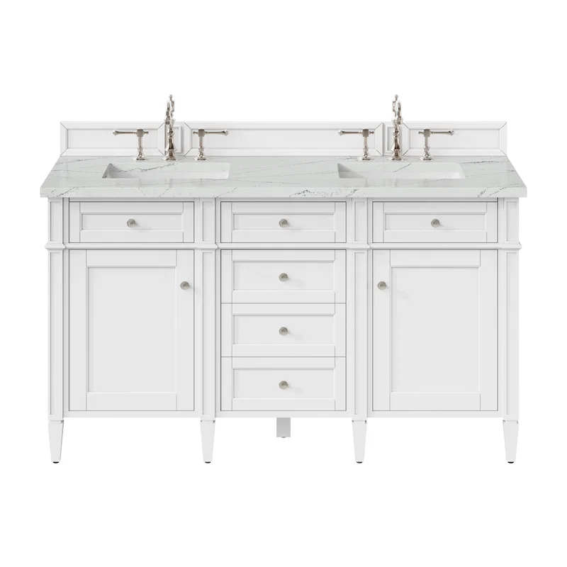 Brittany 60" Double Vanity, Bright White Vanity w/ 3 CM Ethereal Noctis Silestone Top
