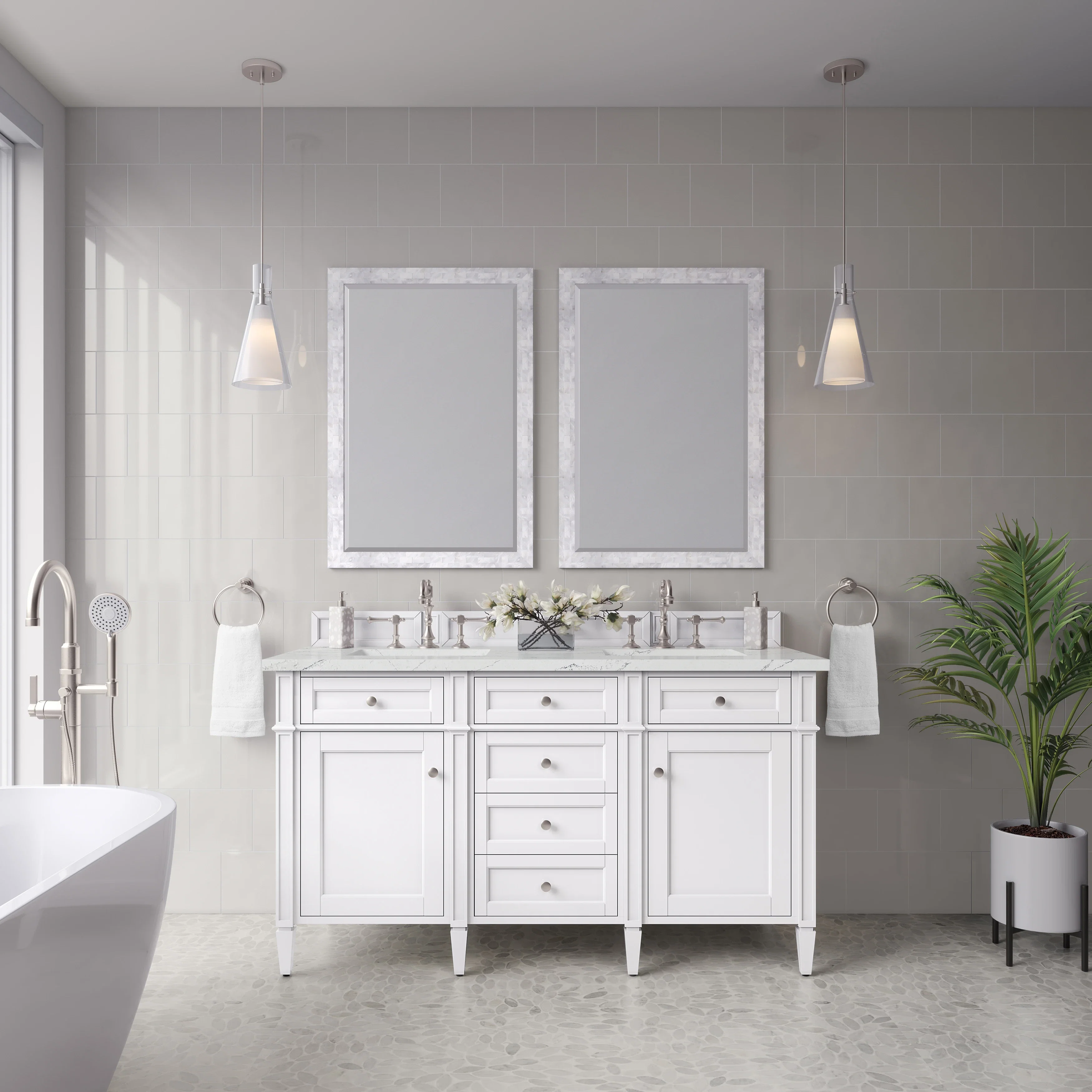 Brittany 60" Double Vanity, Bright White Vanity w/ 3 CM Ethereal Noctis Silestone Top
