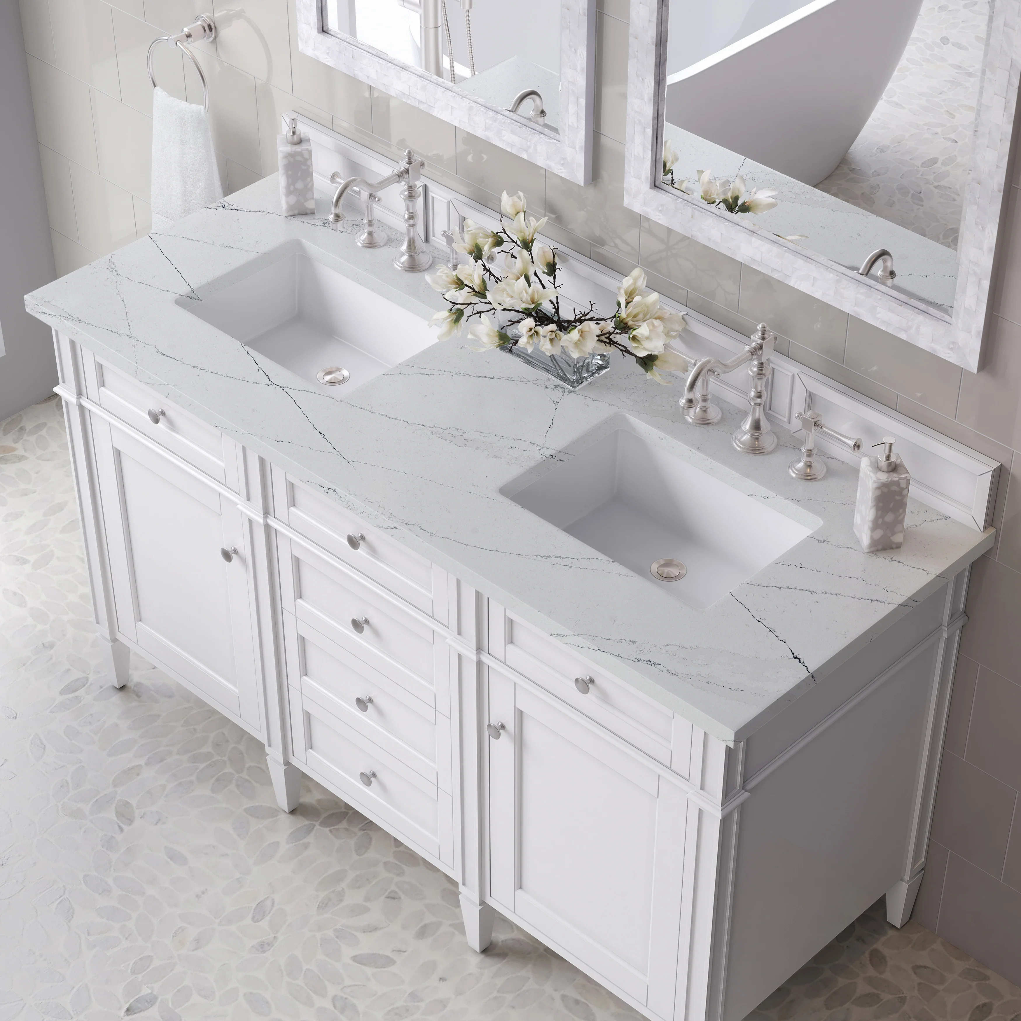 Brittany 60" Double Vanity, Bright White Vanity w/ 3 CM Ethereal Noctis Silestone Top