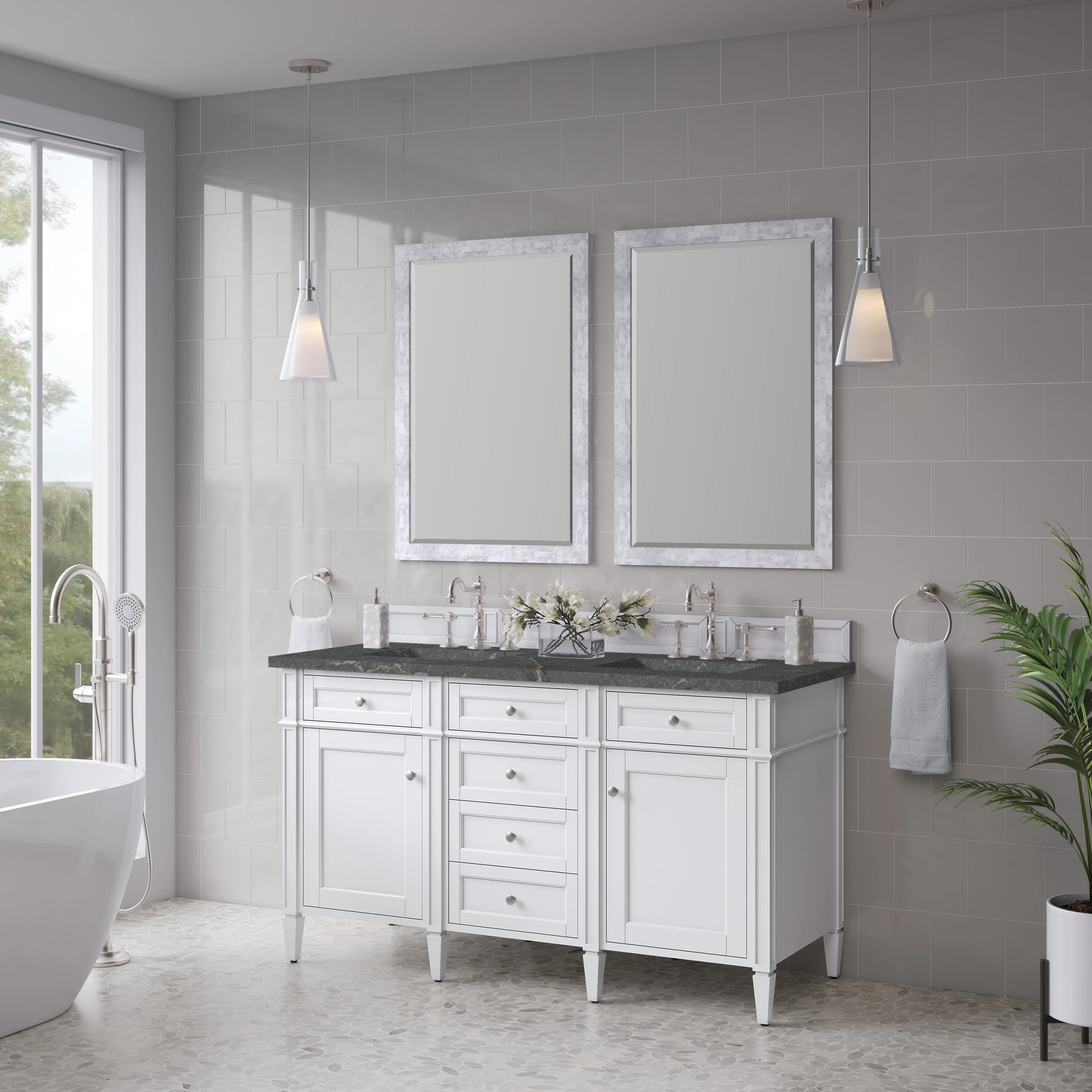 Brittany 60" Double Vanity, Bright White Vanity w/ 3 CM Parisien Bleu Silestone Top