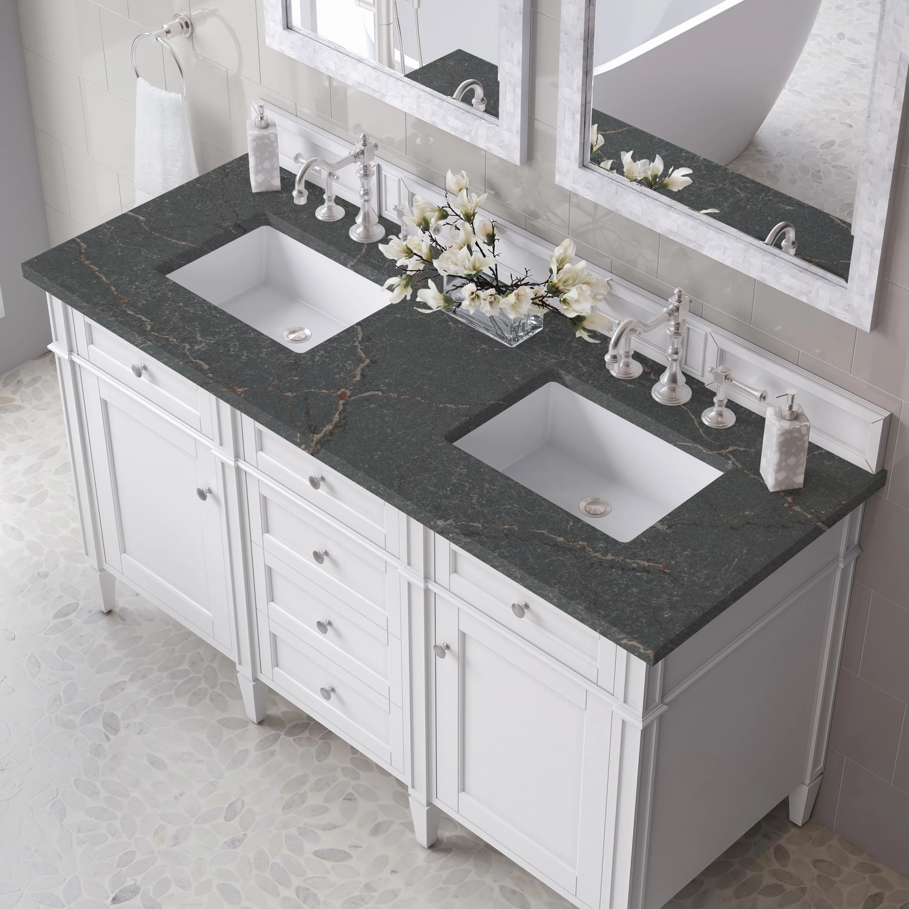 Brittany 60" Double Vanity, Bright White Vanity w/ 3 CM Parisien Bleu Silestone Top