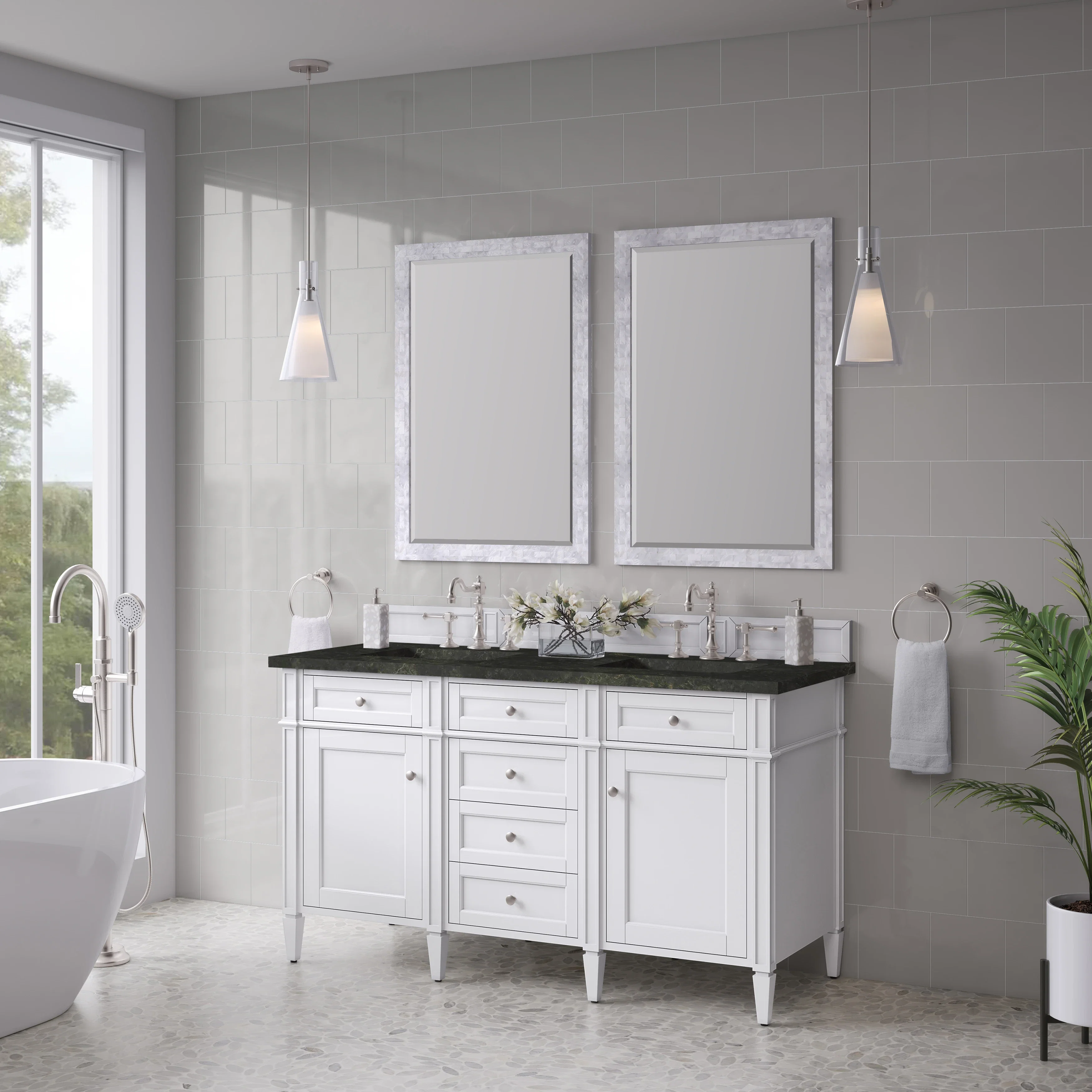 Brittany 60" Double Vanity in Bright White, w/ 3 CM Phantome Eclos Top