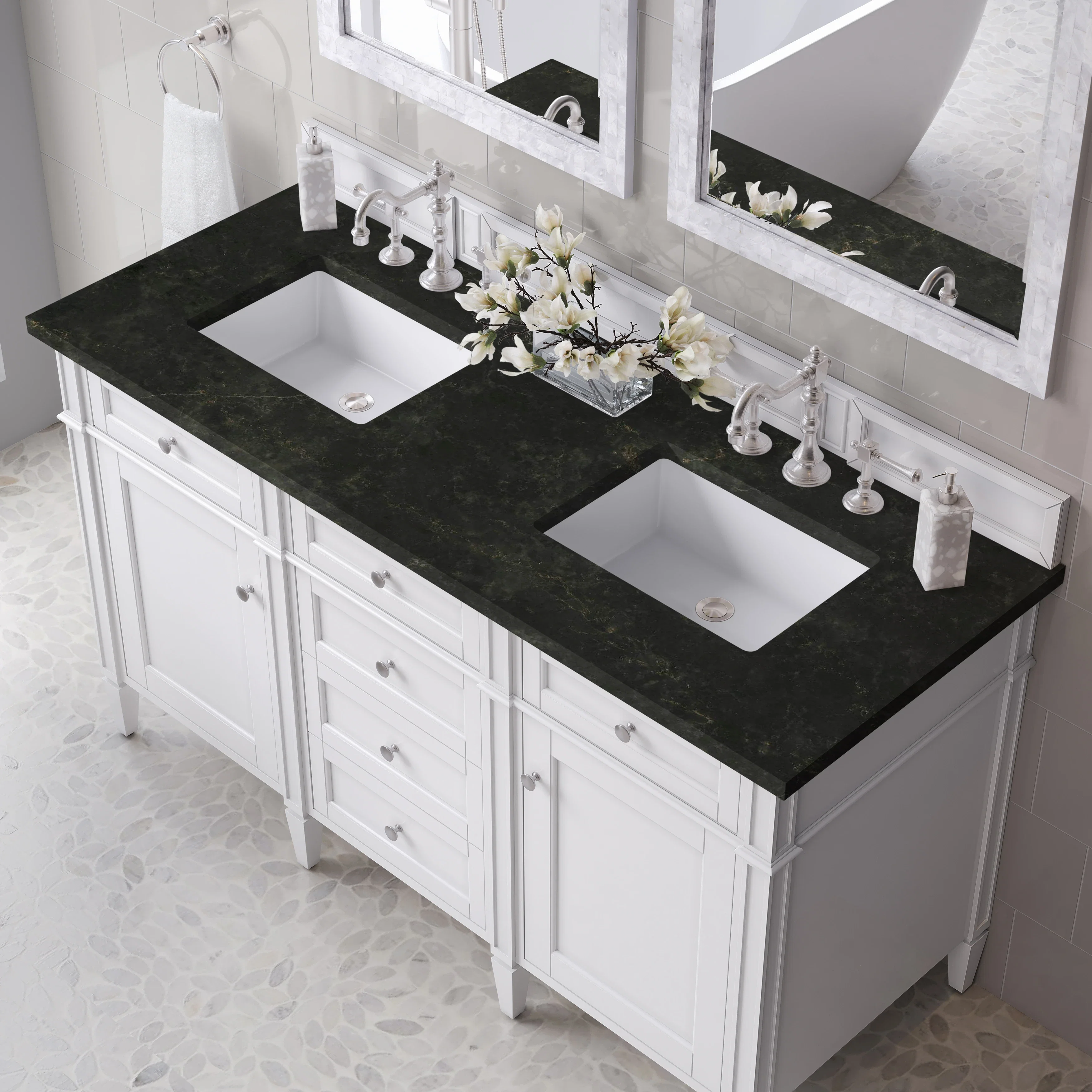 Brittany 60" Double Vanity in Bright White, w/ 3 CM Phantome Eclos Top