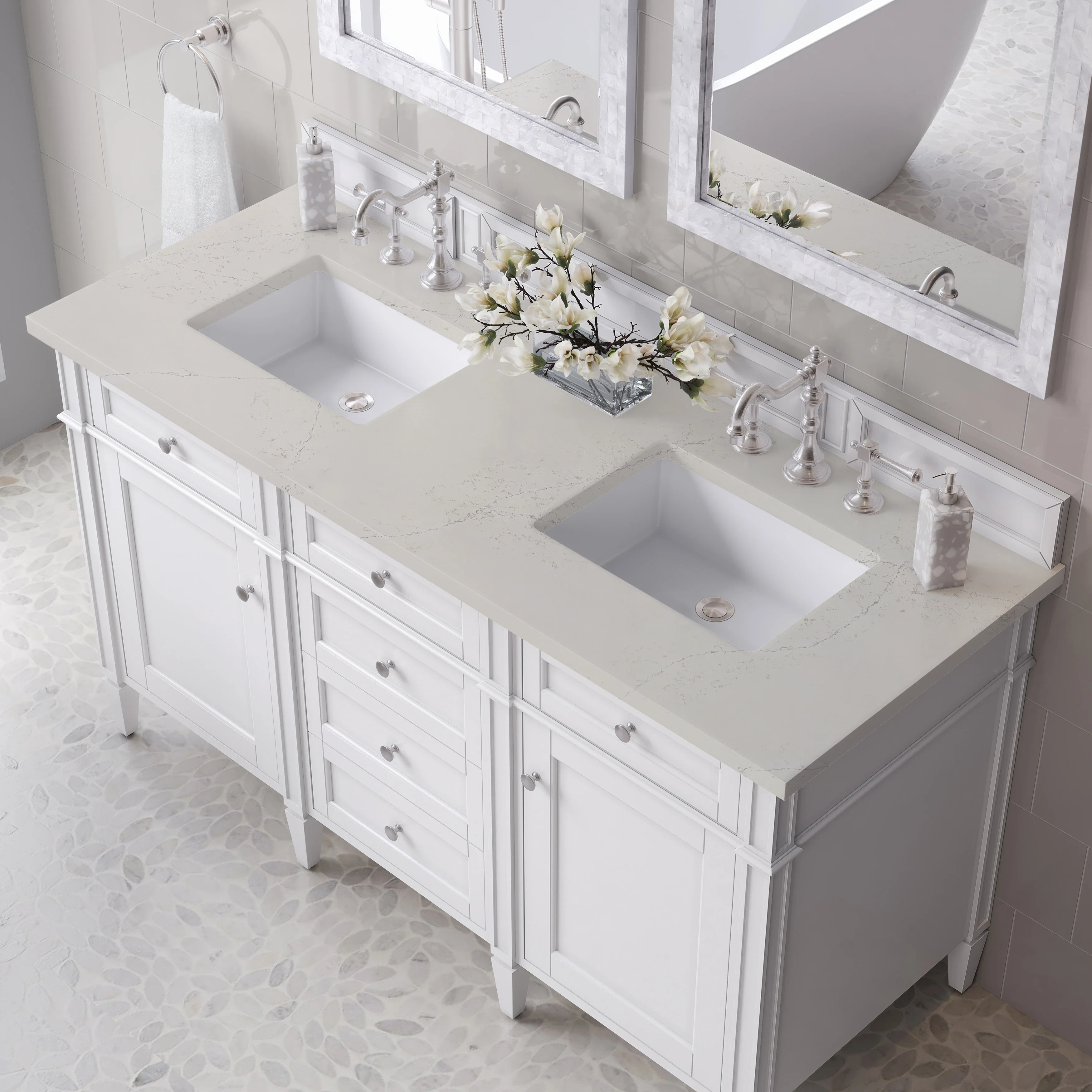 Brittany 60" Double Vanity in Bright White, w/ 3 CM Siberian Silestone Top