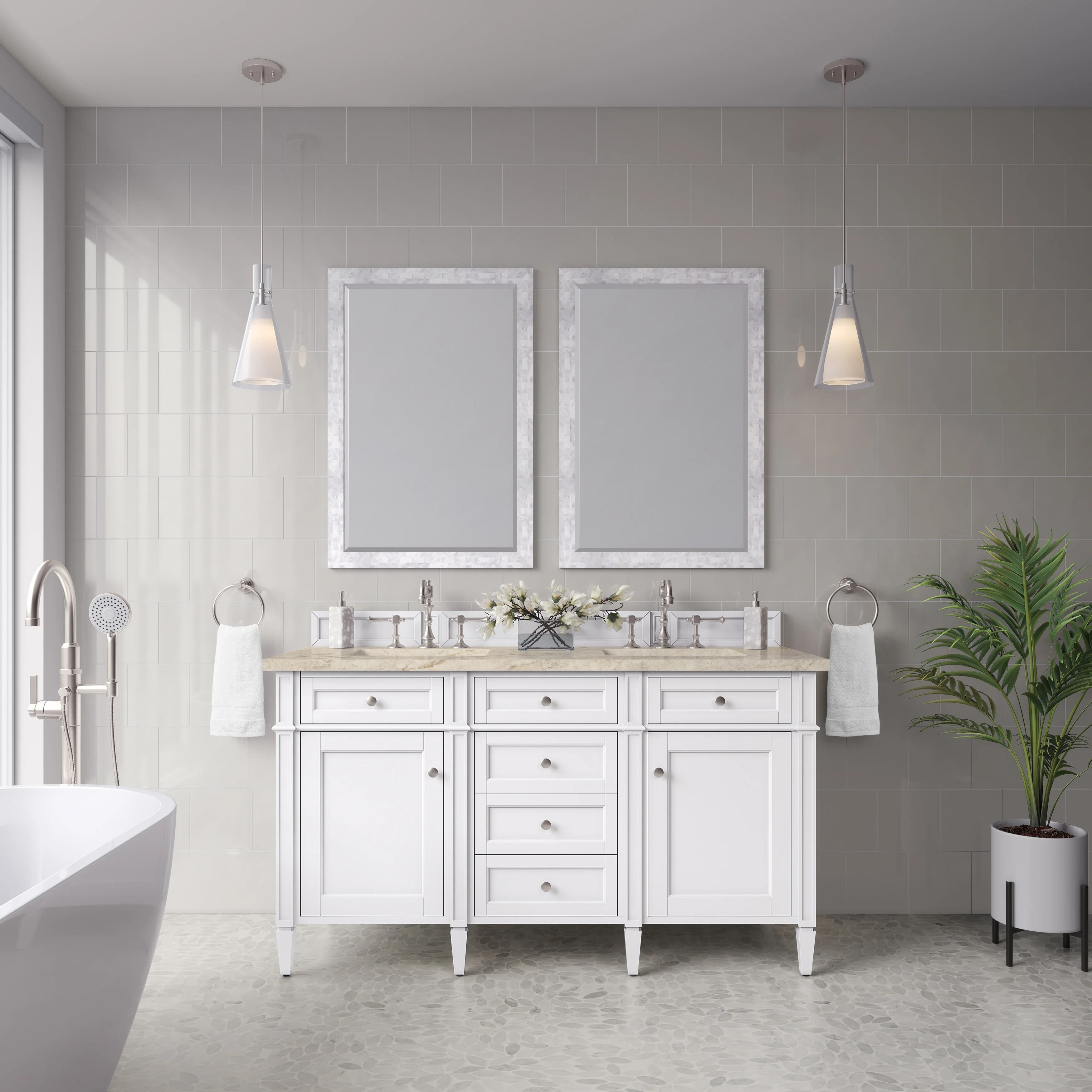 Brittany 60" Double Vanity in Bright White, w/ 3 CM Tajnar Eclos Top