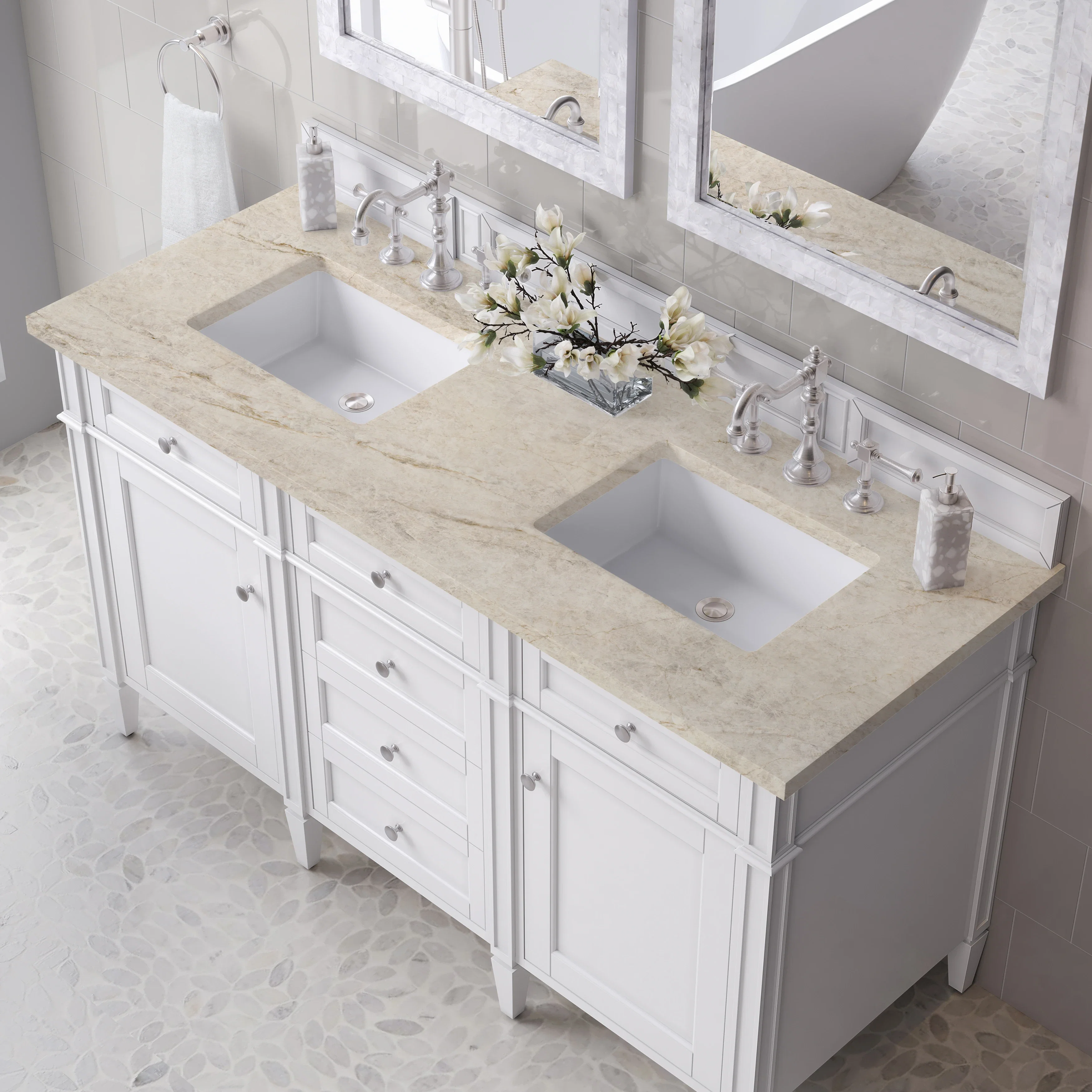 Brittany 60" Double Vanity in Bright White, w/ 3 CM Tajnar Eclos Top