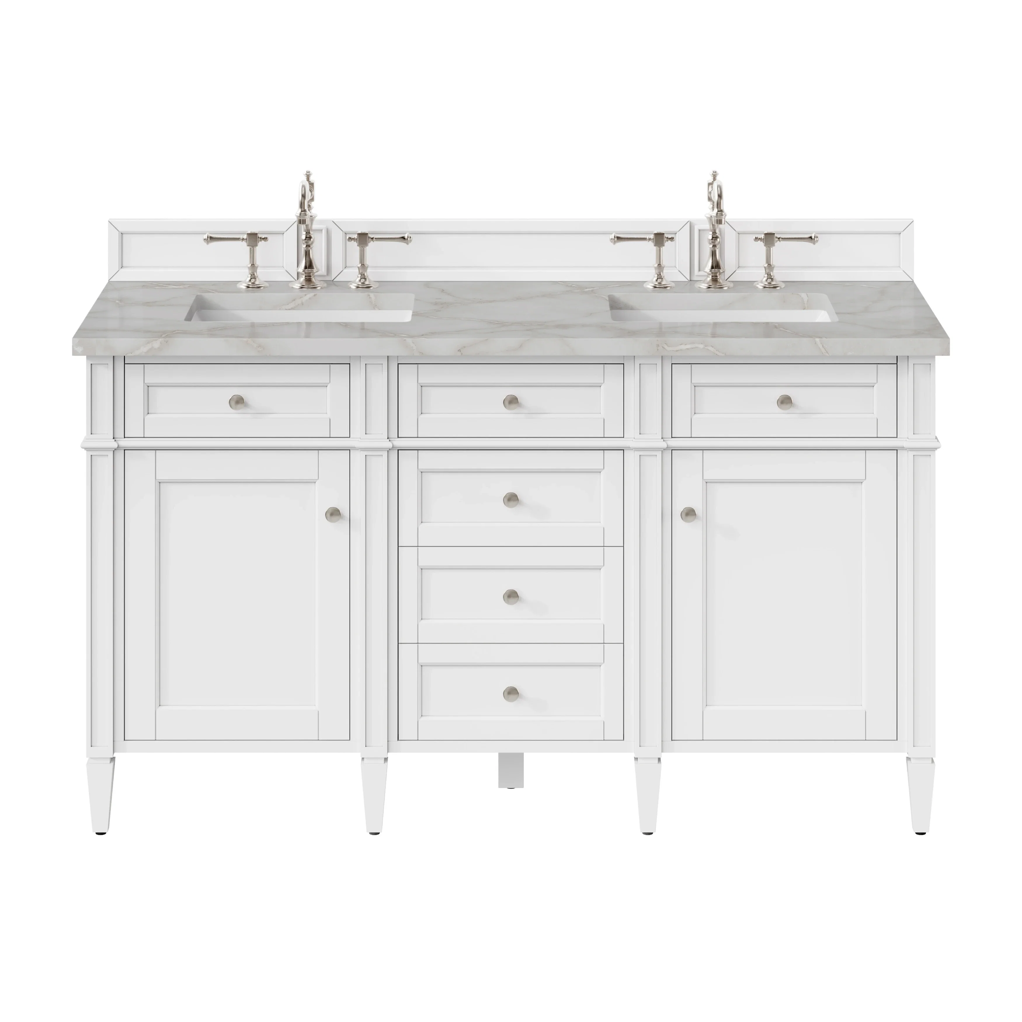 Brittany 60" Double Vanity, Bright White Vanity w/ 3 CM Victorian Silver Silestone Top
