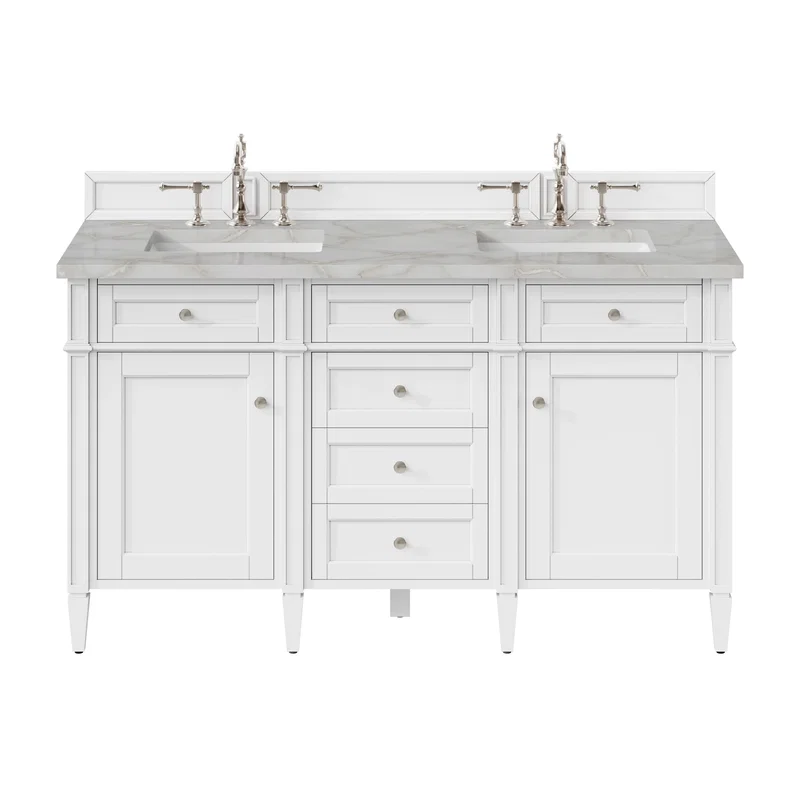 Brittany 60" Double Vanity, Bright White Vanity w/ 3 CM Victorian Silver Silestone Top