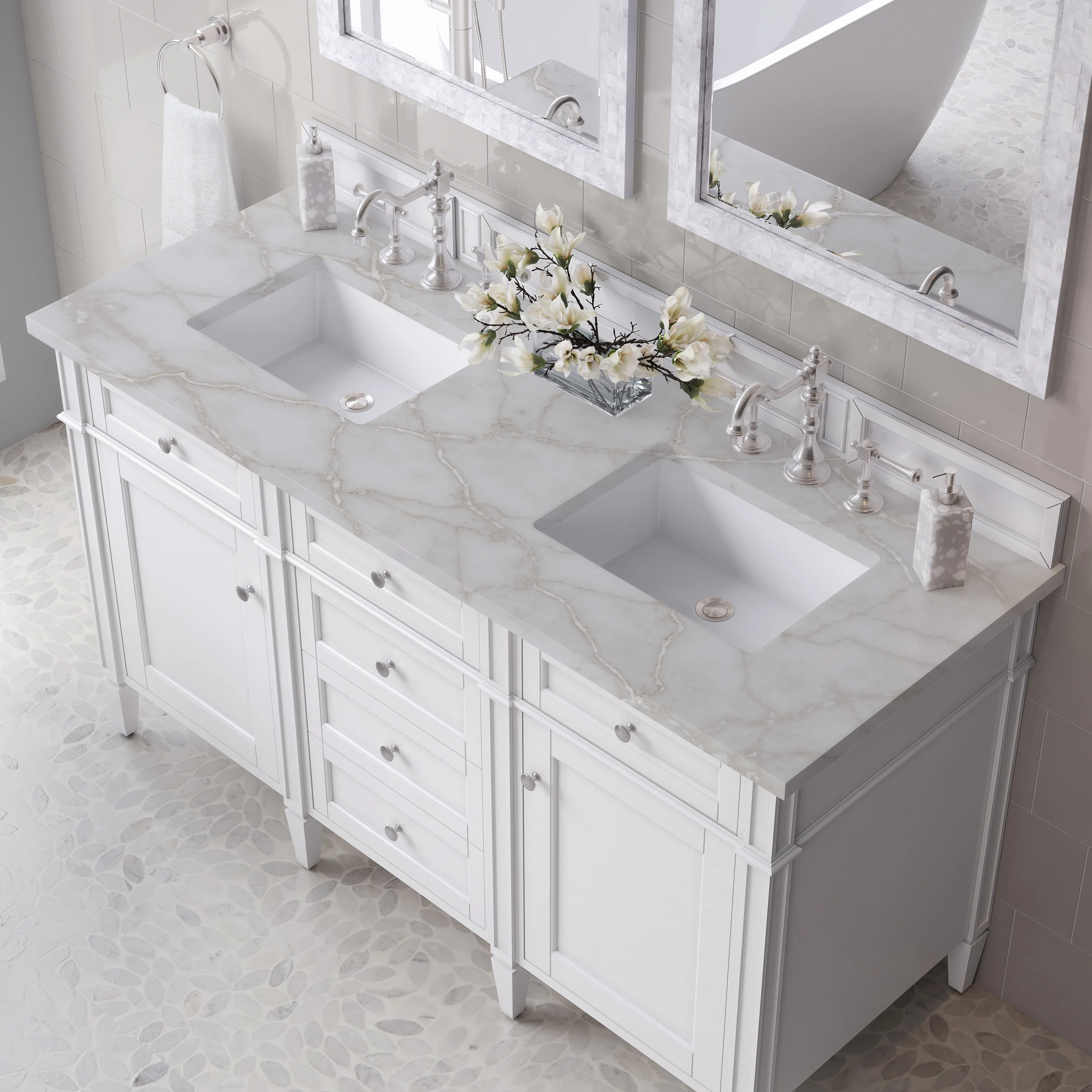 Brittany 60" Double Vanity, Bright White Vanity w/ 3 CM Victorian Silver Silestone Top