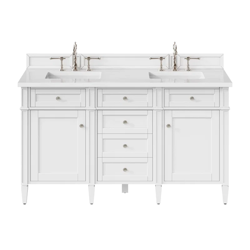 Brittany 60" Double Vanity, Bright White Vanity w/ 3 CM White Zeus Silestone Top