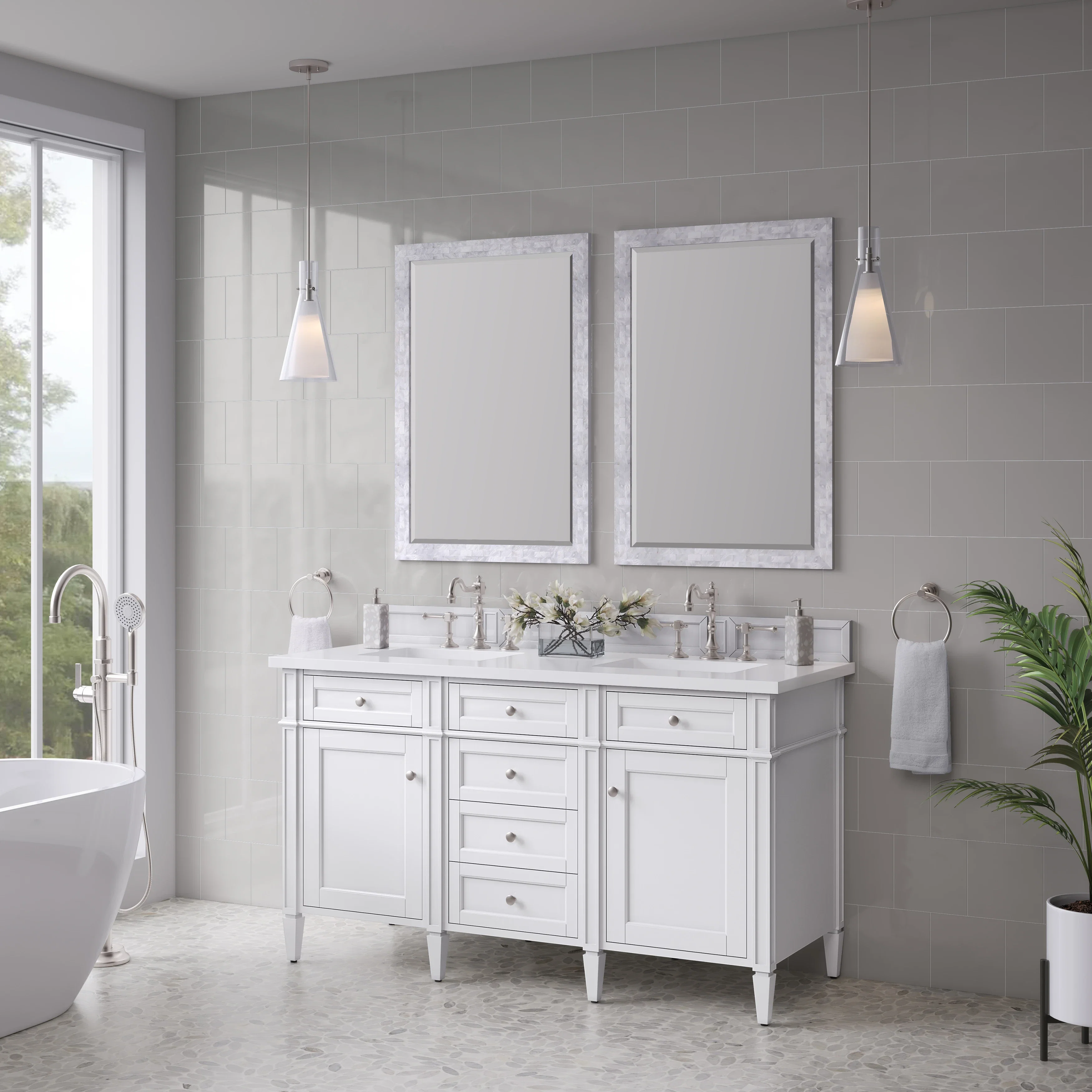 Brittany 60" Double Vanity, Bright White Vanity w/ 3 CM White Zeus Silestone Top