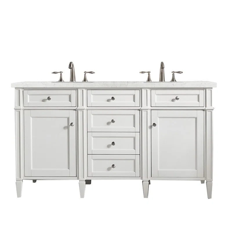 Brittany 60" Double Vanity, Bright White Vanity w/ 3 CM Eternal Jasmine Pearl Silestone Top w/FreePower Wireless Charger