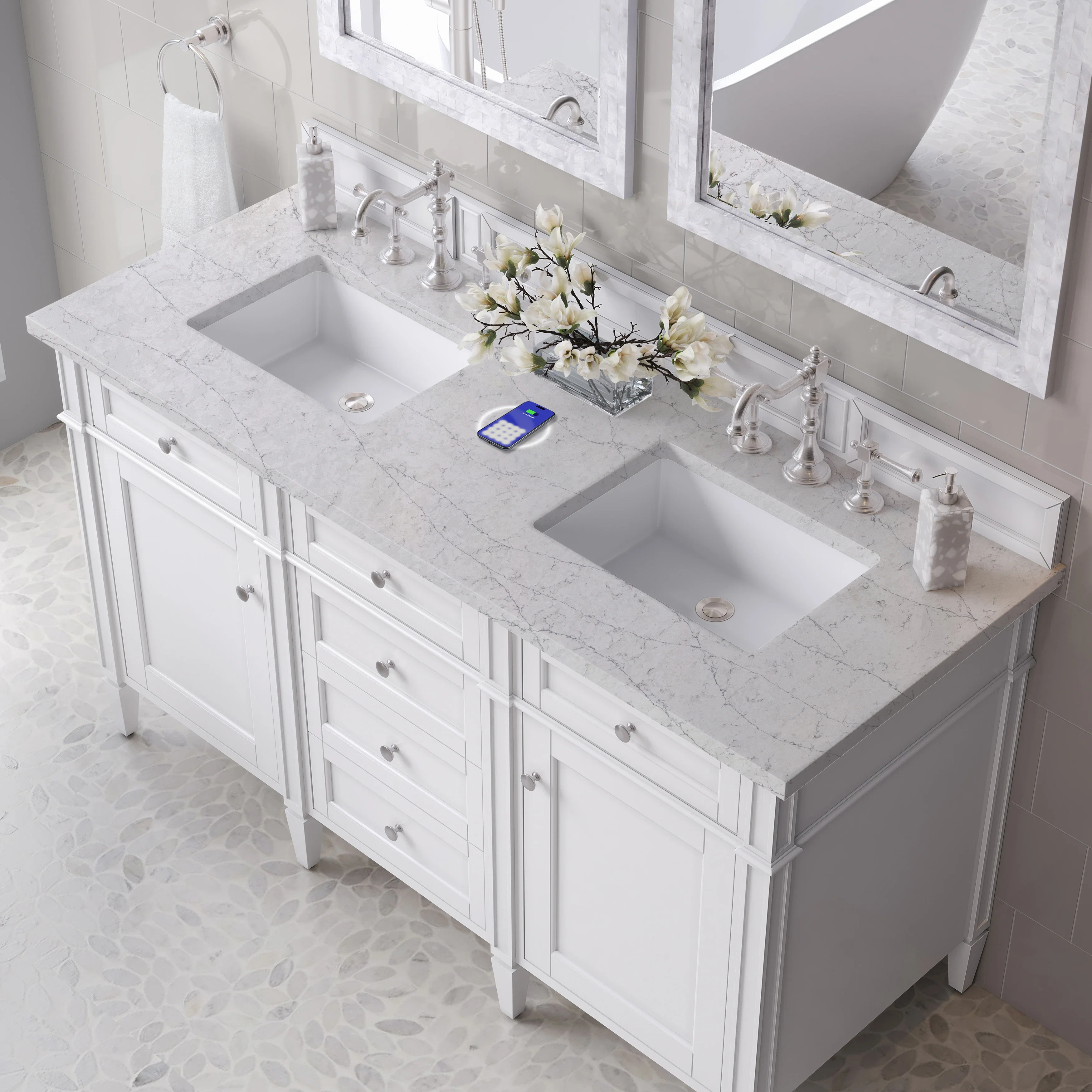 Brittany 60" Double Vanity, Bright White Vanity w/ 3 CM Eternal Jasmine Pearl Silestone Top w/FreePower Wireless Charger