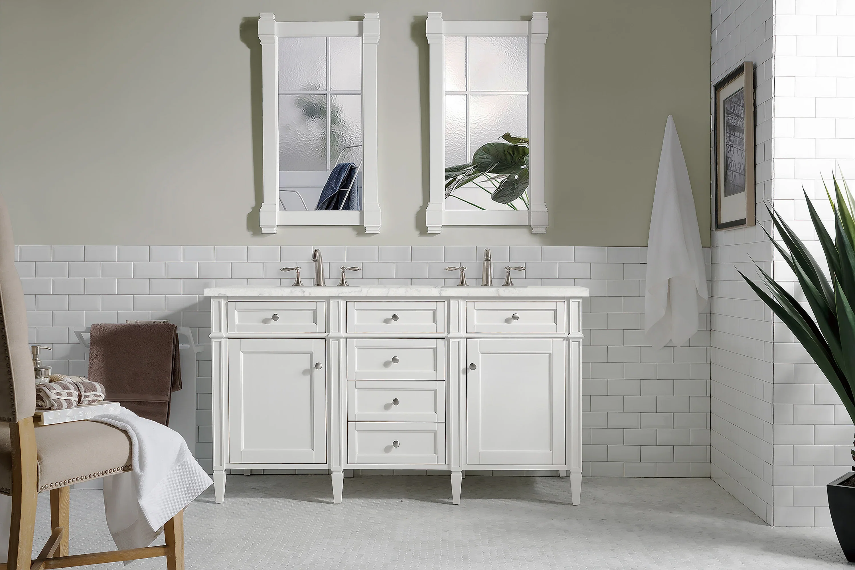 Brittany 60" Double Vanity, Bright White Vanity w/ 3 CM Eternal Jasmine Pearl Silestone Top w/FreePower Wireless Charger