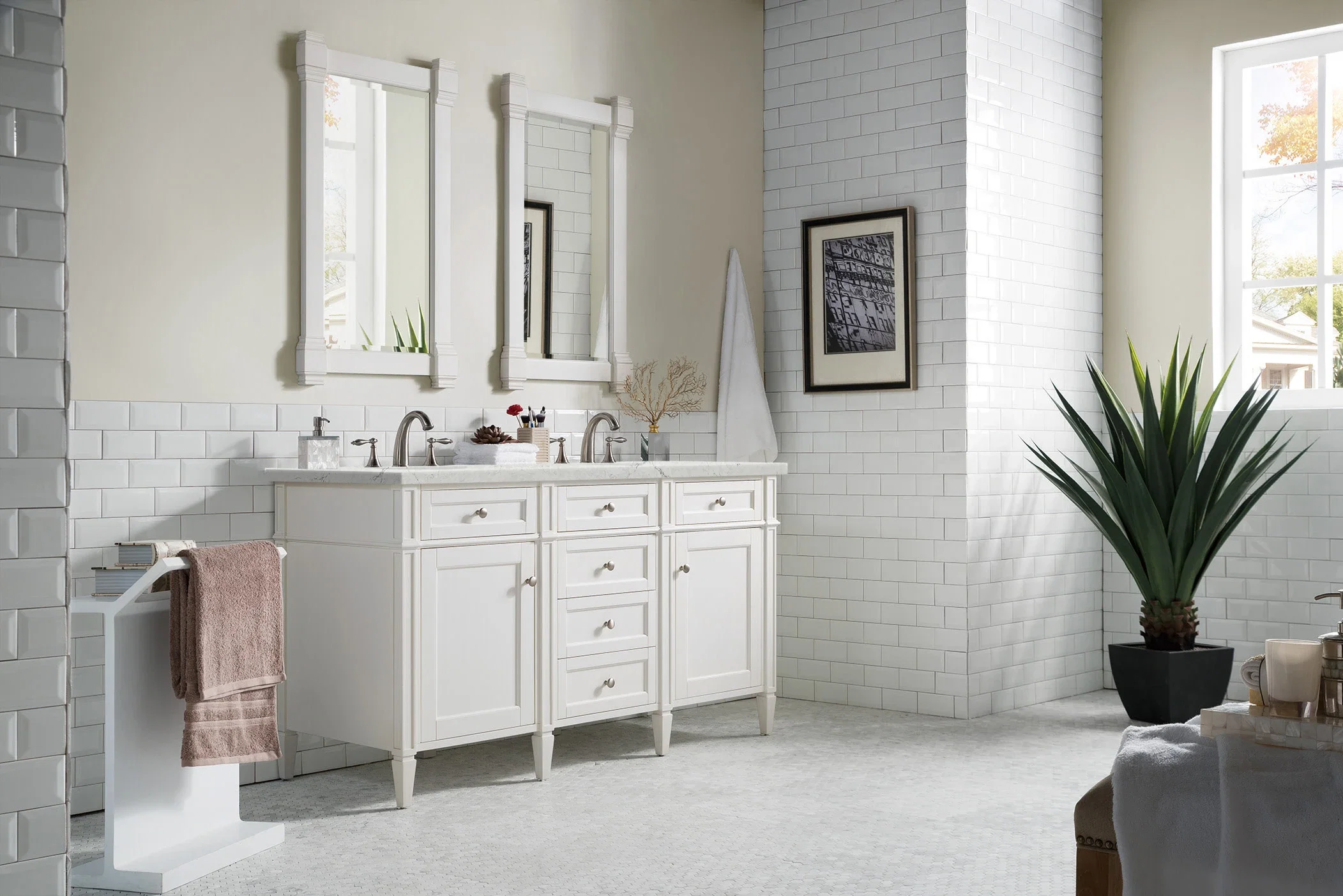Brittany 60" Double Vanity, Bright White Vanity w/ 3 CM Eternal Jasmine Pearl Silestone Top w/FreePower Wireless Charger
