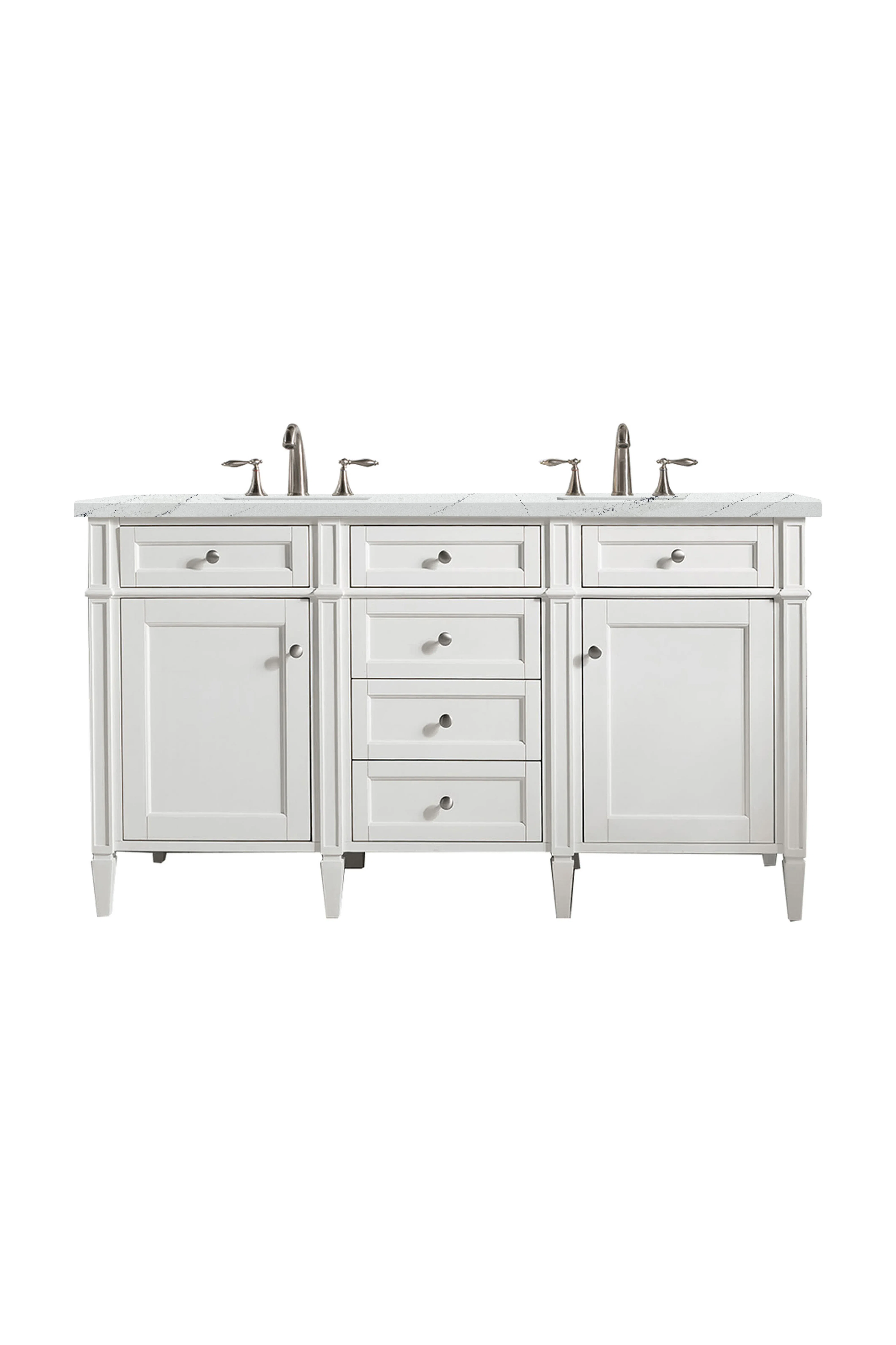 Brittany 60" Double Vanity, Bright White Vanity w/ 3 CM Ethereal Noctis Silestone Top w/FreePower Wireless Charger