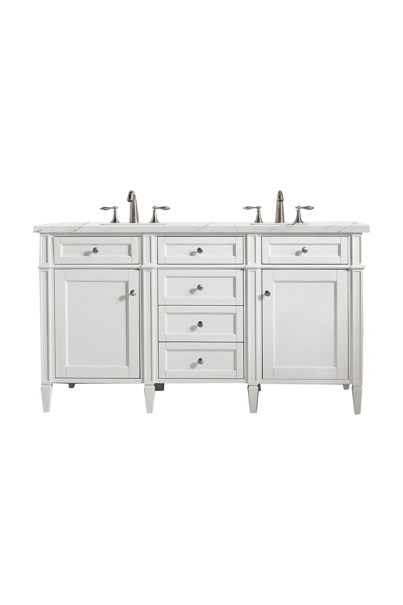 Brittany 60" Double Vanity, Bright White Vanity w/ 3 CM Ethereal Noctis Silestone Top w/FreePower Wireless Charger