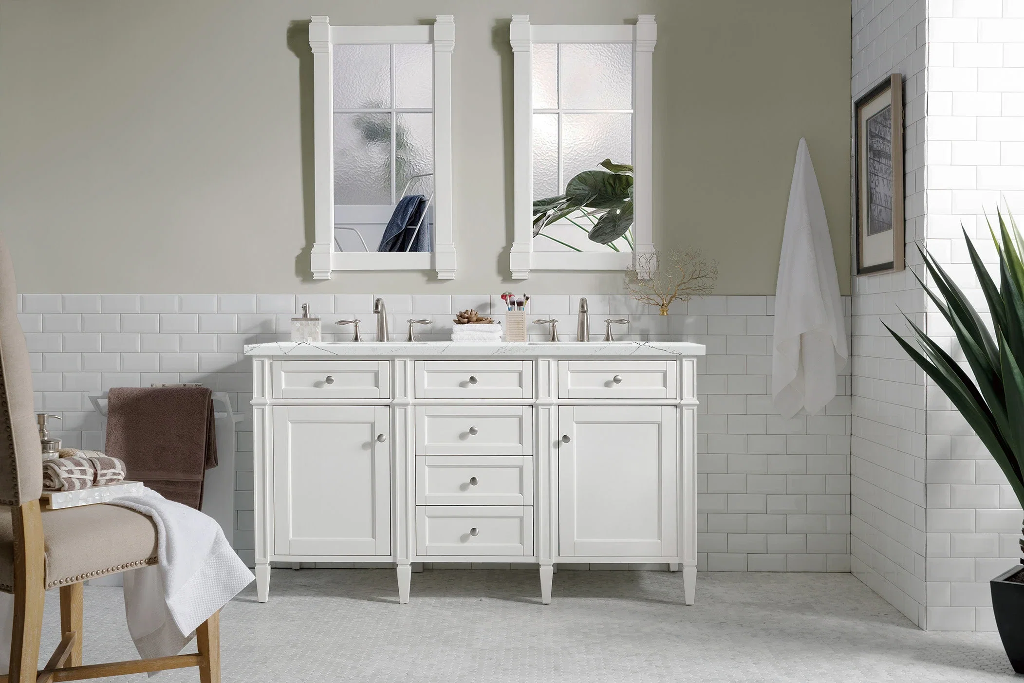 Brittany 60" Double Vanity, Bright White Vanity w/ 3 CM Ethereal Noctis Silestone Top w/FreePower Wireless Charger