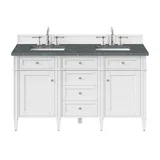 Brittany 60" Double Vanity, Bright White Vanity w/ 3 CM Parisien Bleu Silestone Top w/FreePower Wireless Charger
