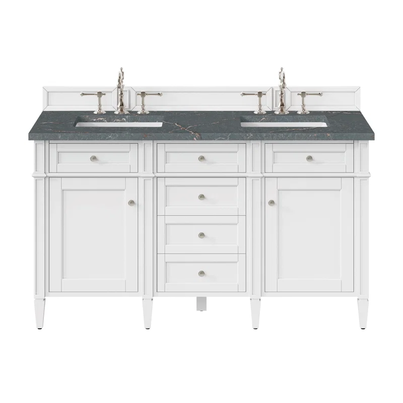 Brittany 60" Double Vanity, Bright White Vanity w/ 3 CM Parisien Bleu Silestone Top w/FreePower Wireless Charger