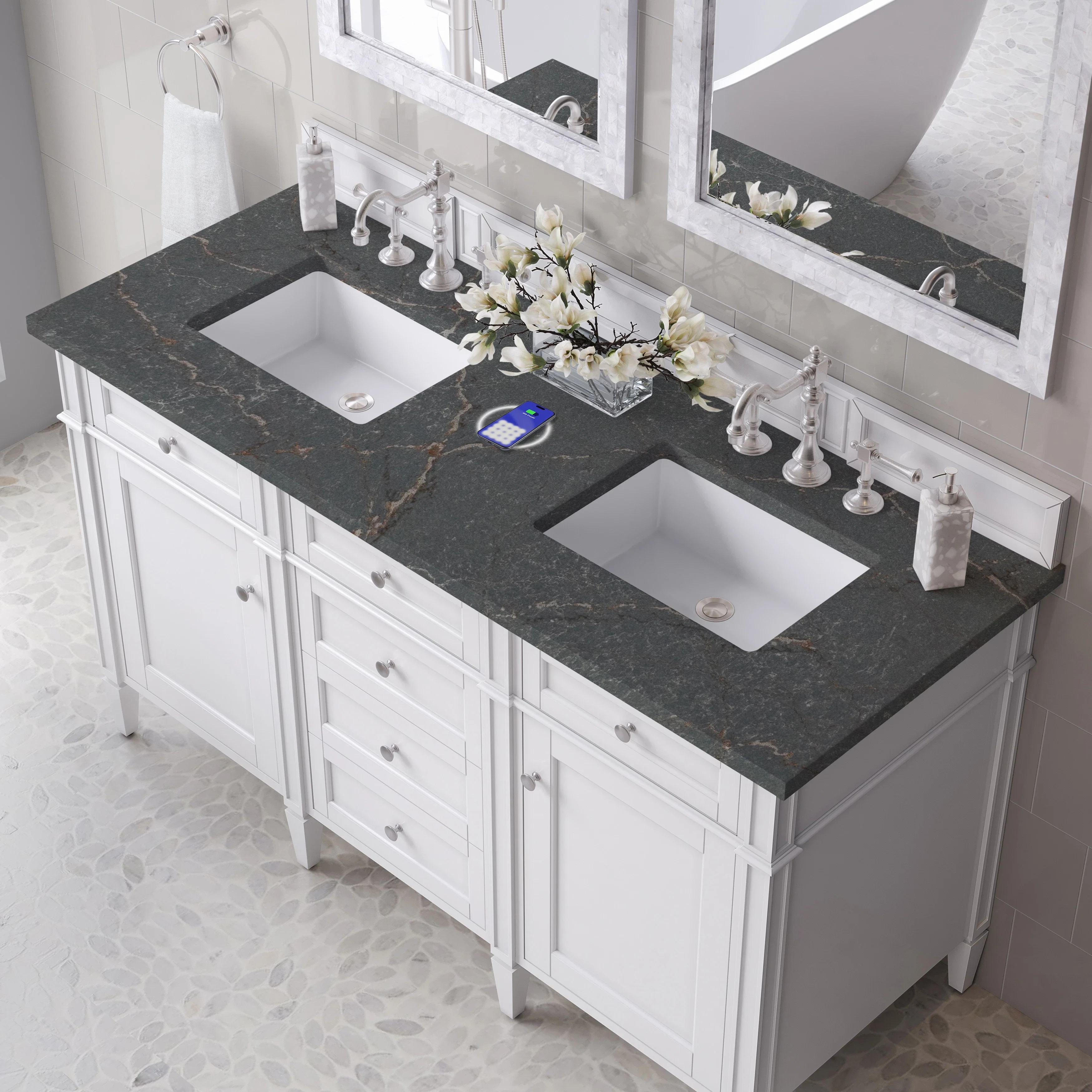 Brittany 60" Double Vanity, Bright White Vanity w/ 3 CM Parisien Bleu Silestone Top w/FreePower Wireless Charger