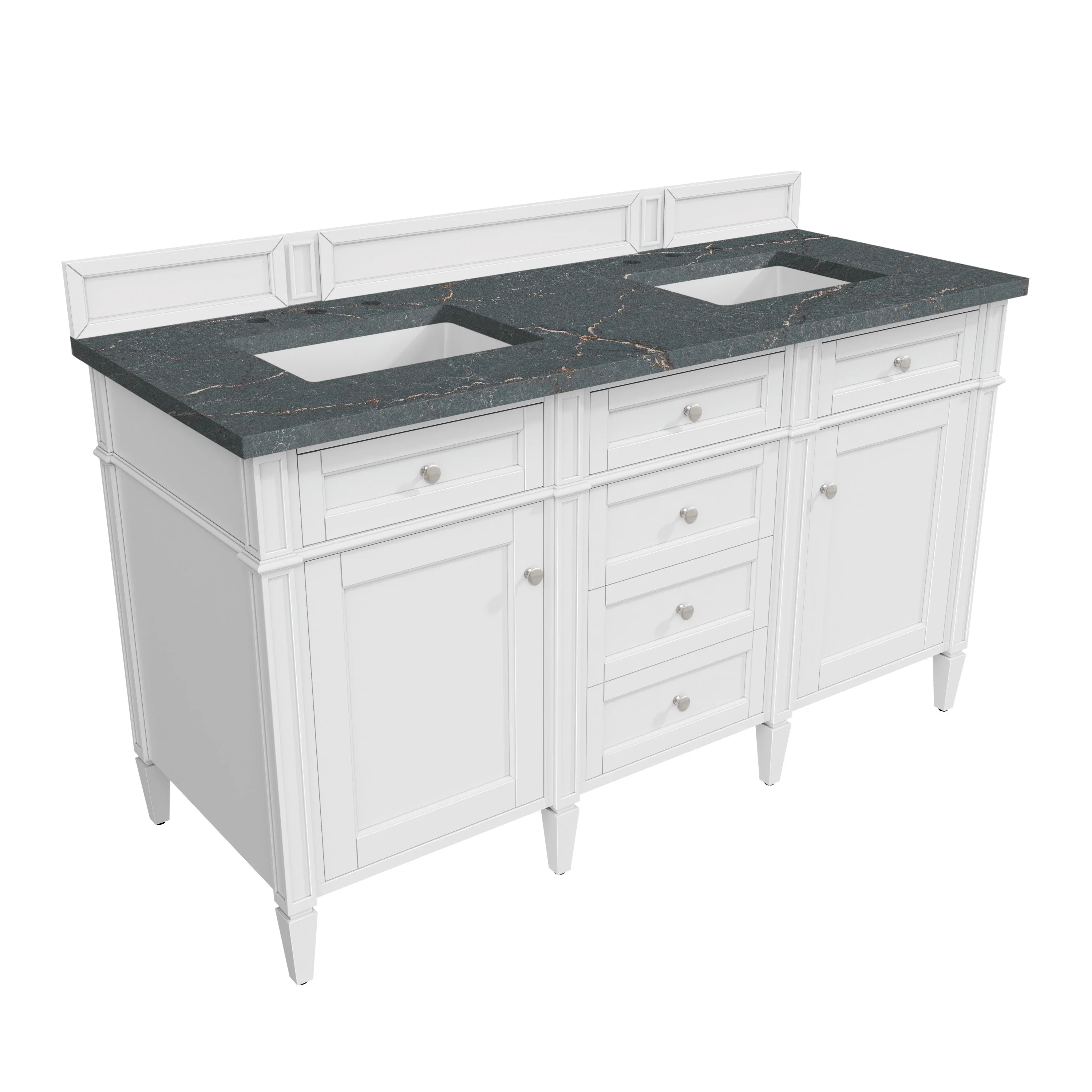 Brittany 60" Double Vanity, Bright White Vanity w/ 3 CM Parisien Bleu Silestone Top w/FreePower Wireless Charger
