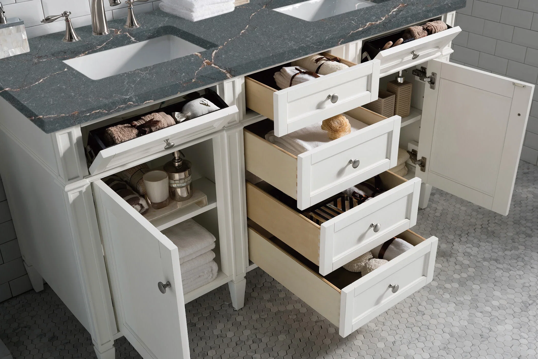 Brittany 60" Double Vanity, Bright White Vanity w/ 3 CM Parisien Bleu Silestone Top w/FreePower Wireless Charger