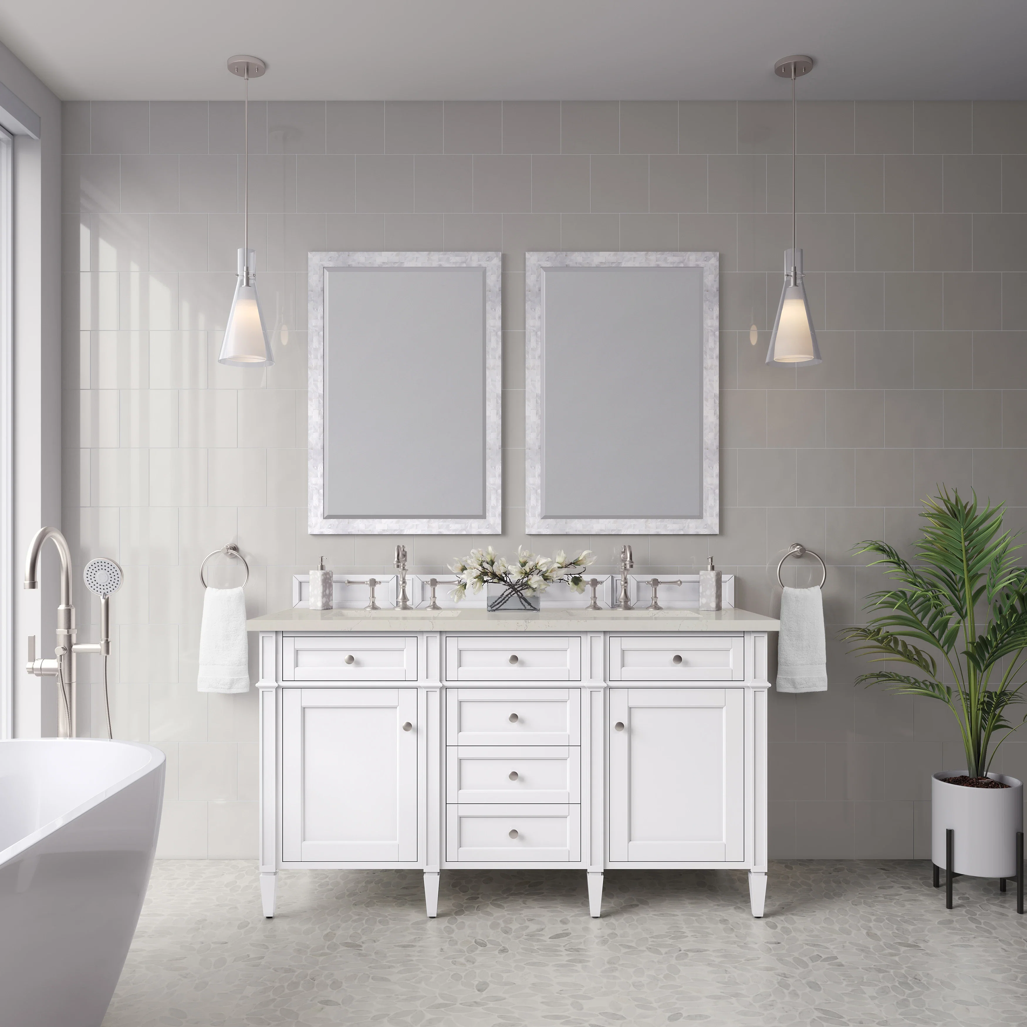 Brittany 60" Double Vanity in Bright White, w/ 3 CM Siberian Silestone Top w/FreePower Wireless Charger