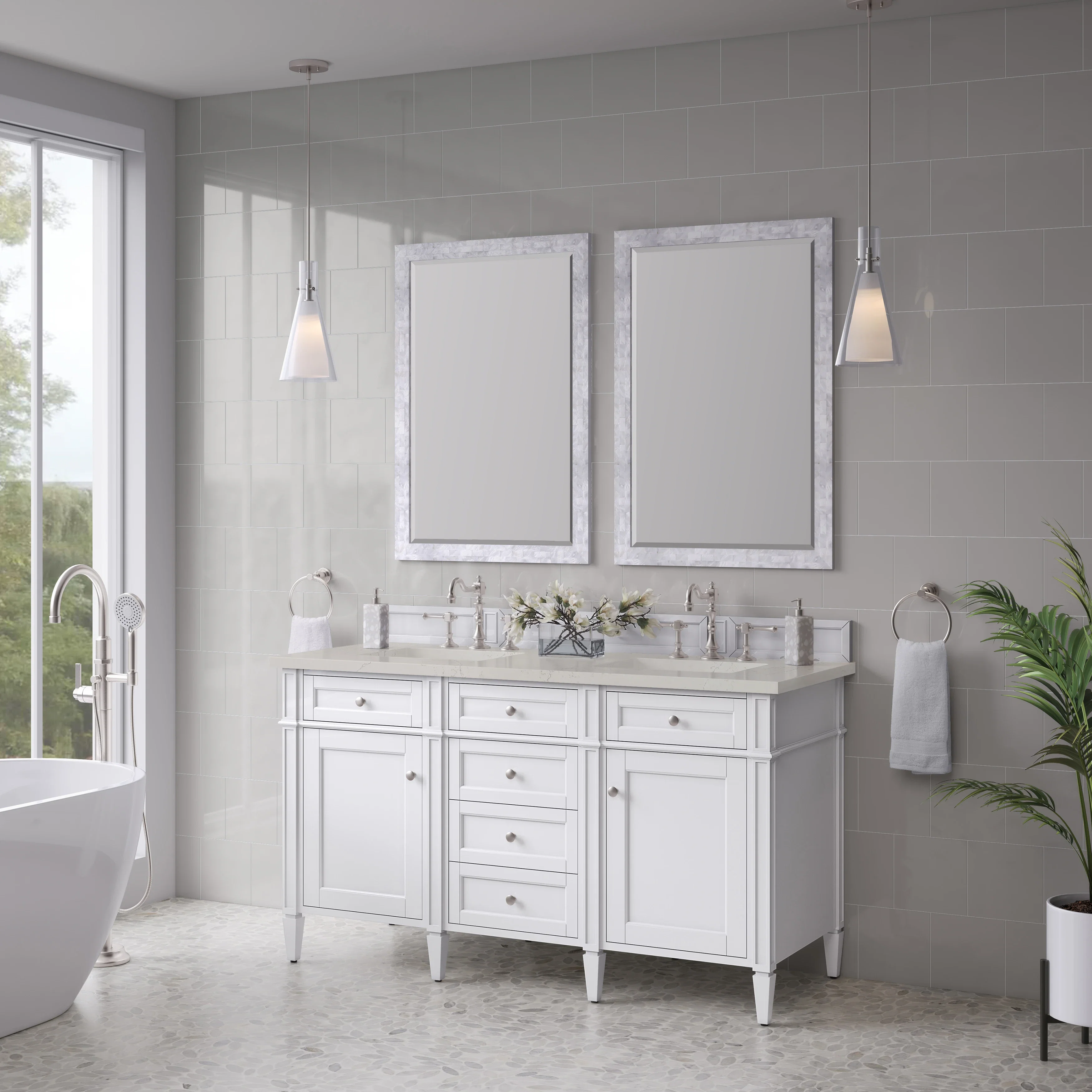 Brittany 60" Double Vanity in Bright White, w/ 3 CM Siberian Silestone Top w/FreePower Wireless Charger