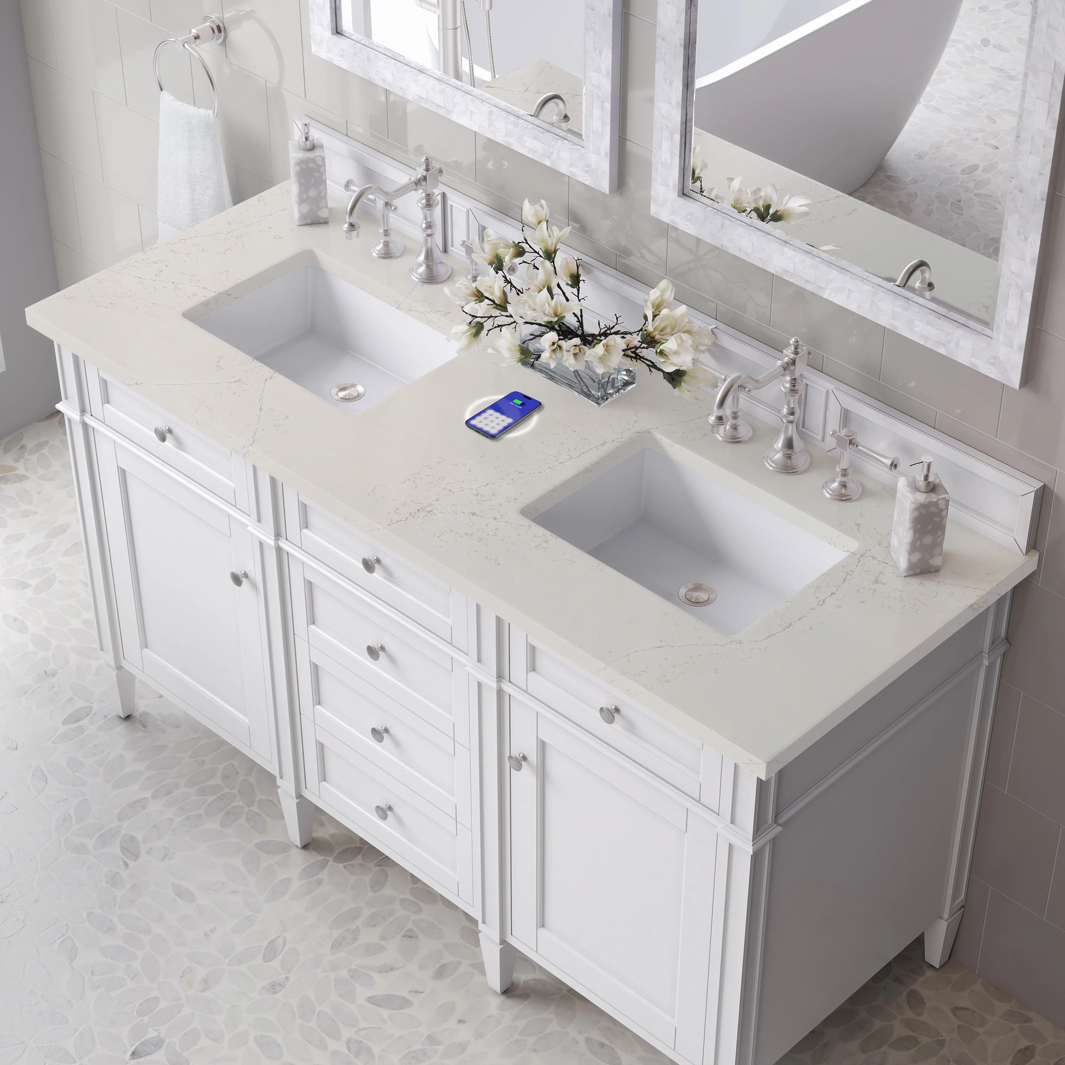 Brittany 60" Double Vanity in Bright White, w/ 3 CM Siberian Silestone Top w/FreePower Wireless Charger