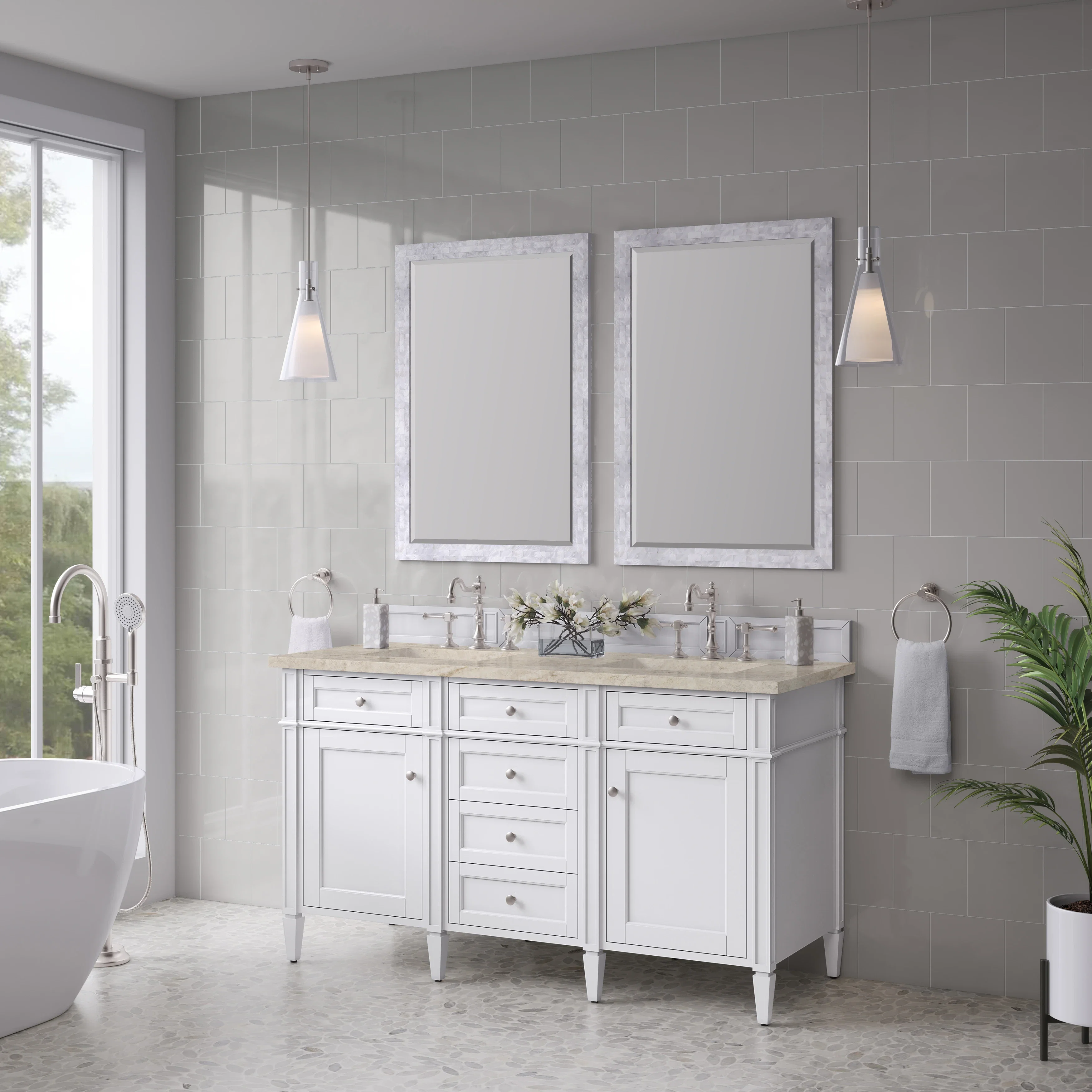 Brittany 60" Double Vanity in Bright White, w/ 3 CM Tajnar Eclos Top w/FreePower Wireless Charger