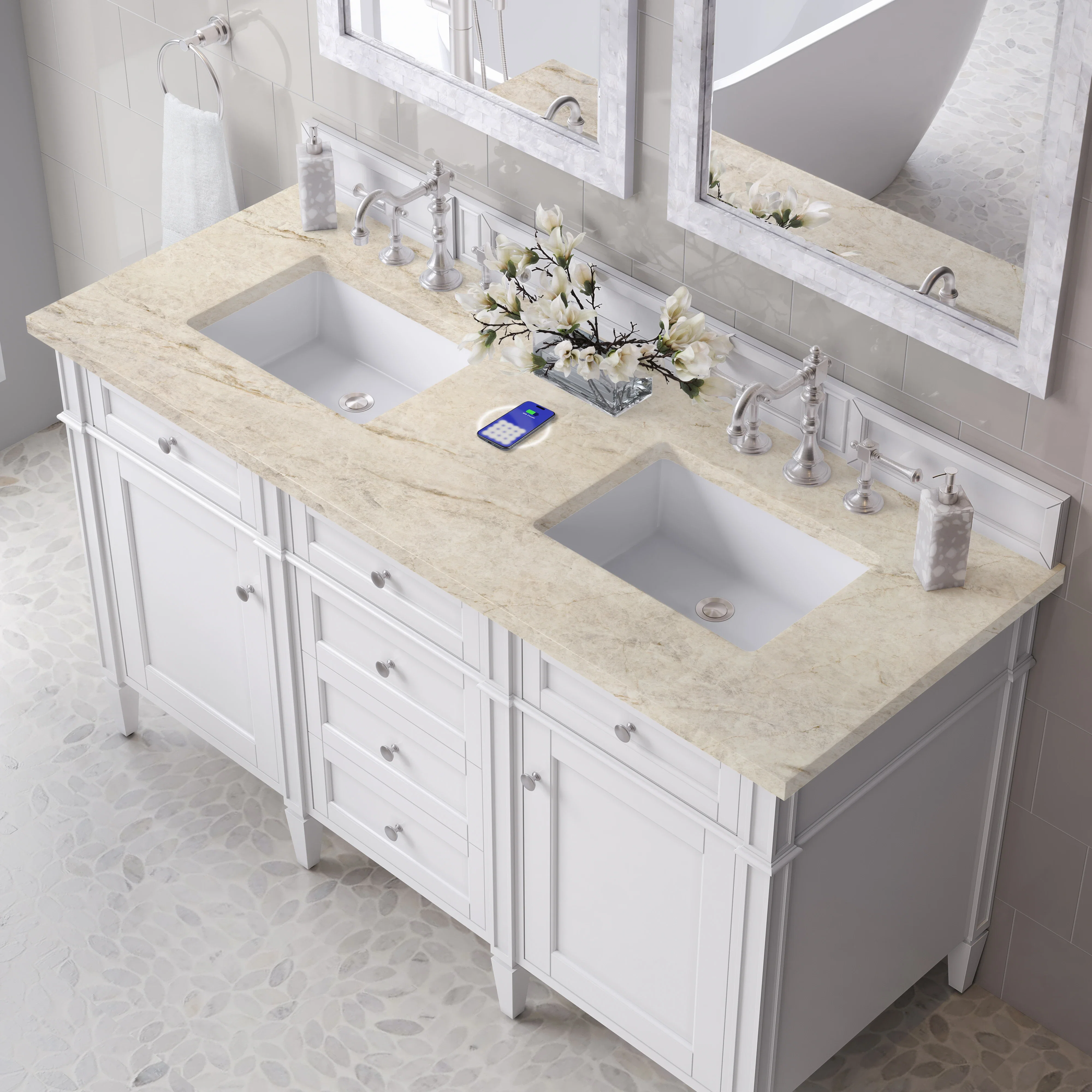 Brittany 60" Double Vanity in Bright White, w/ 3 CM Tajnar Eclos Top w/FreePower Wireless Charger