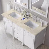 Brittany 60" Double Vanity in Bright White, w/ 3 CM Tajnar Eclos Top w/FreePower Wireless Charger