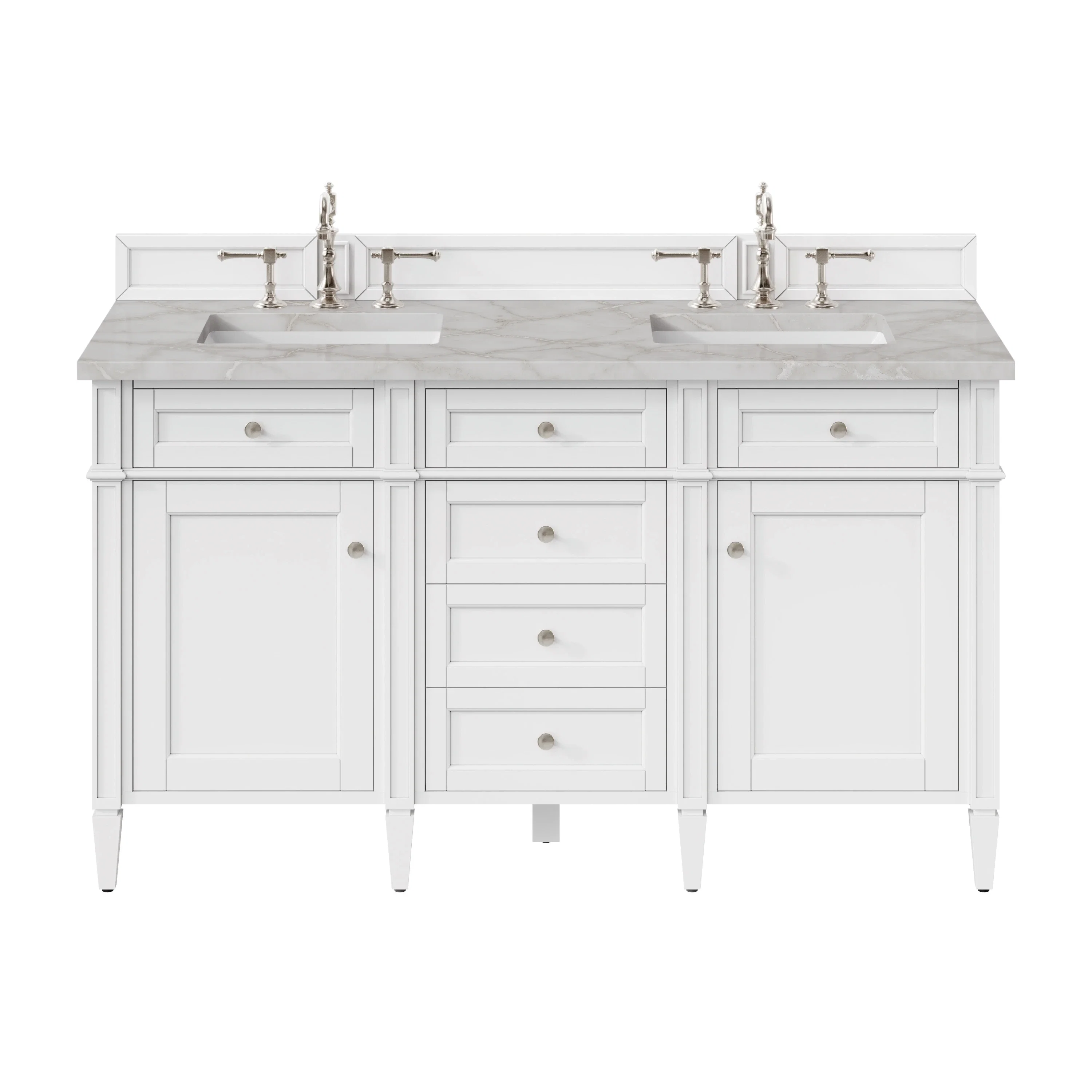 Brittany 60" Double Vanity, Bright White Vanity w/ 3 CM Victorian Silver Silestone Top w/FreePower Wireless Charger