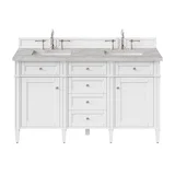 Brittany 60" Double Vanity, Bright White Vanity w/ 3 CM Victorian Silver Silestone Top w/FreePower Wireless Charger