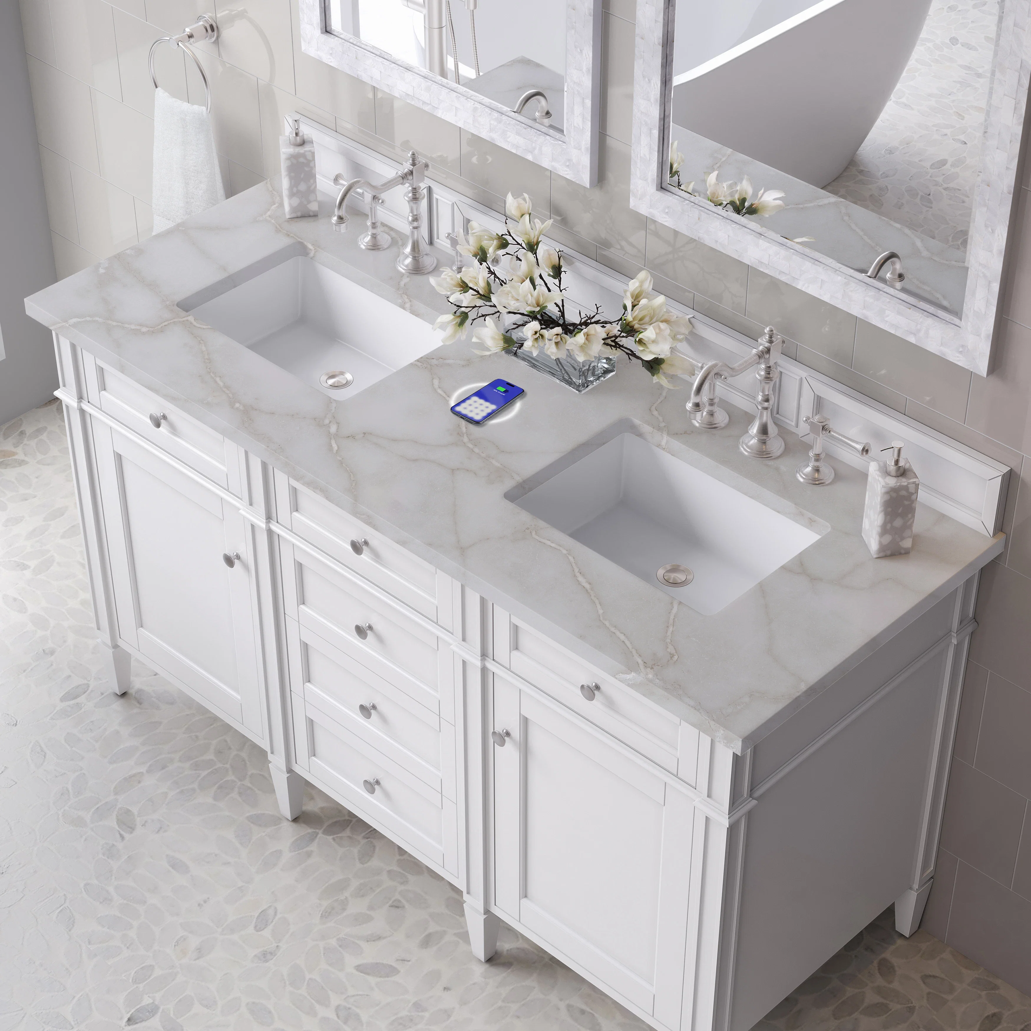 Brittany 60" Double Vanity, Bright White Vanity w/ 3 CM Victorian Silver Silestone Top w/FreePower Wireless Charger
