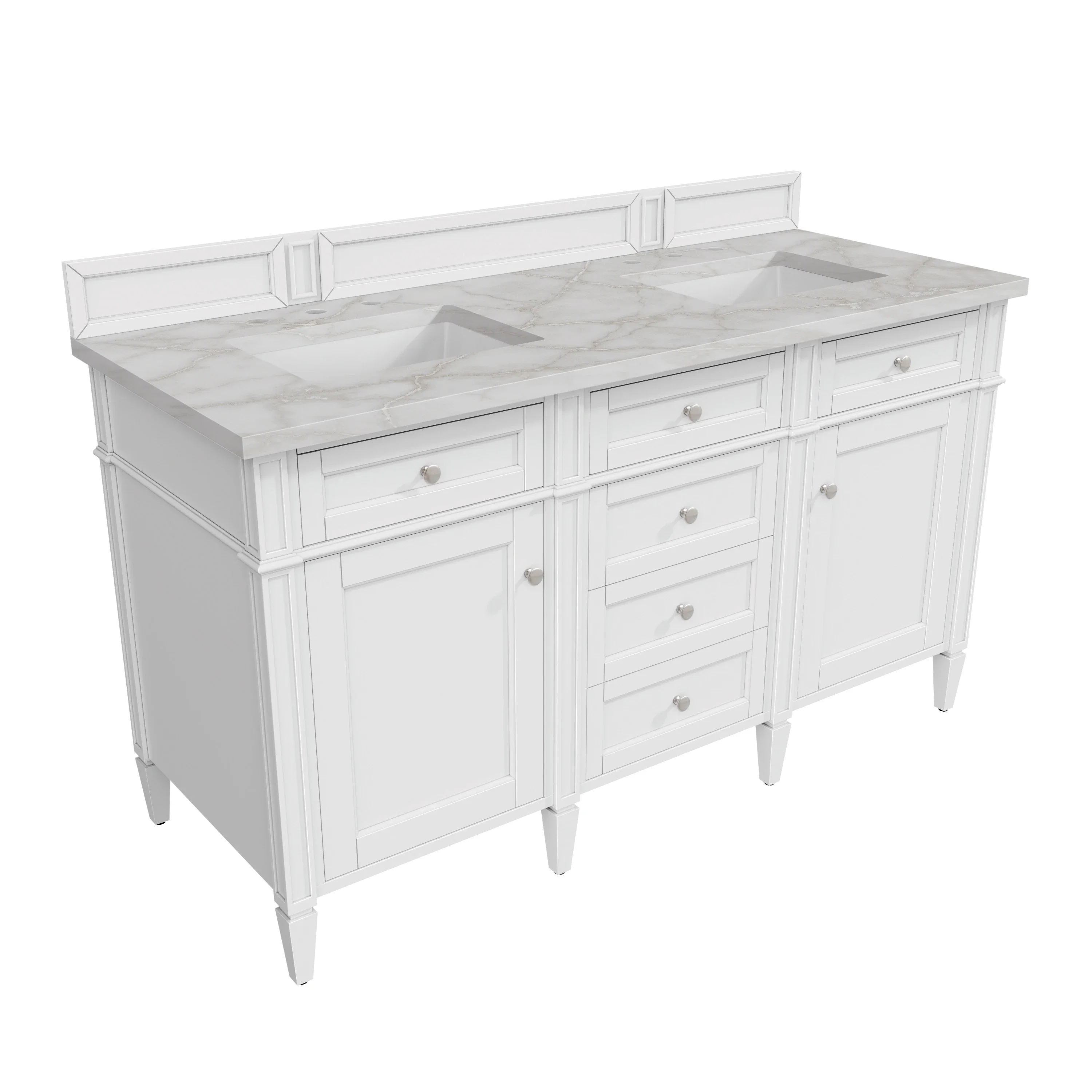 Brittany 60" Double Vanity, Bright White Vanity w/ 3 CM Victorian Silver Silestone Top w/FreePower Wireless Charger