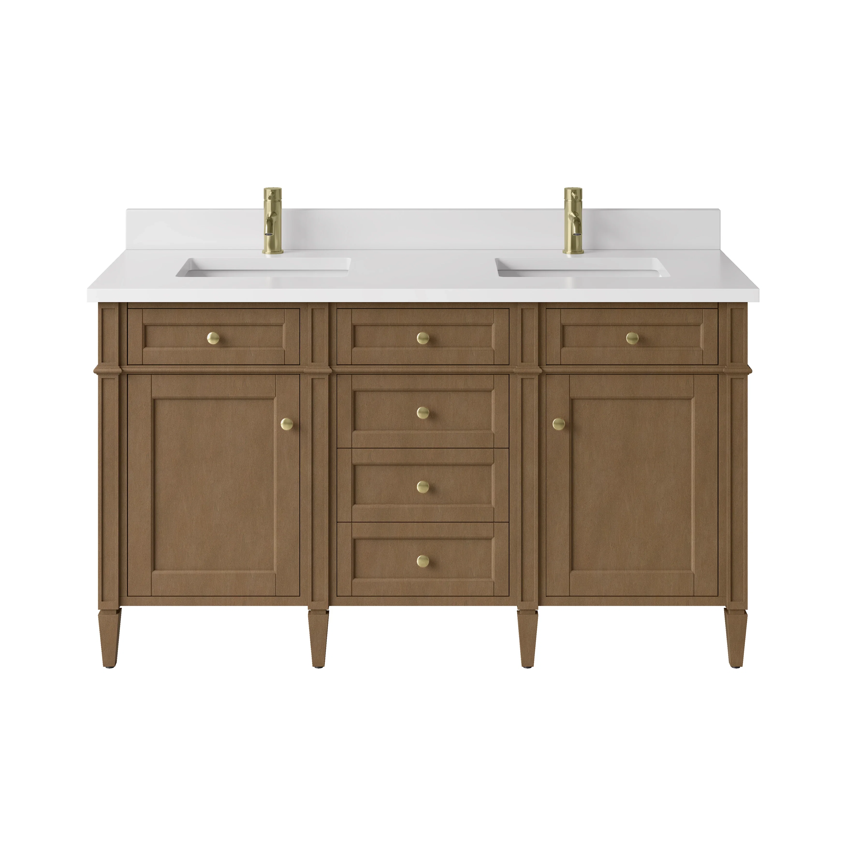 Brittany 60" Double Vanity, Pecan w/ Single Hole 3 CM White Zeus Silestone Top and Matching Backsplash