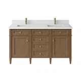 Brittany 60" Double Vanity, Pecan w/ Single Hole 3 CM White Zeus Silestone Top and Matching Backsplash