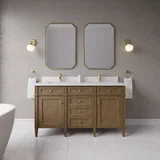 Brittany 60" Double Vanity, Pecan w/ Single Hole 3 CM White Zeus Silestone Top and Matching Backsplash