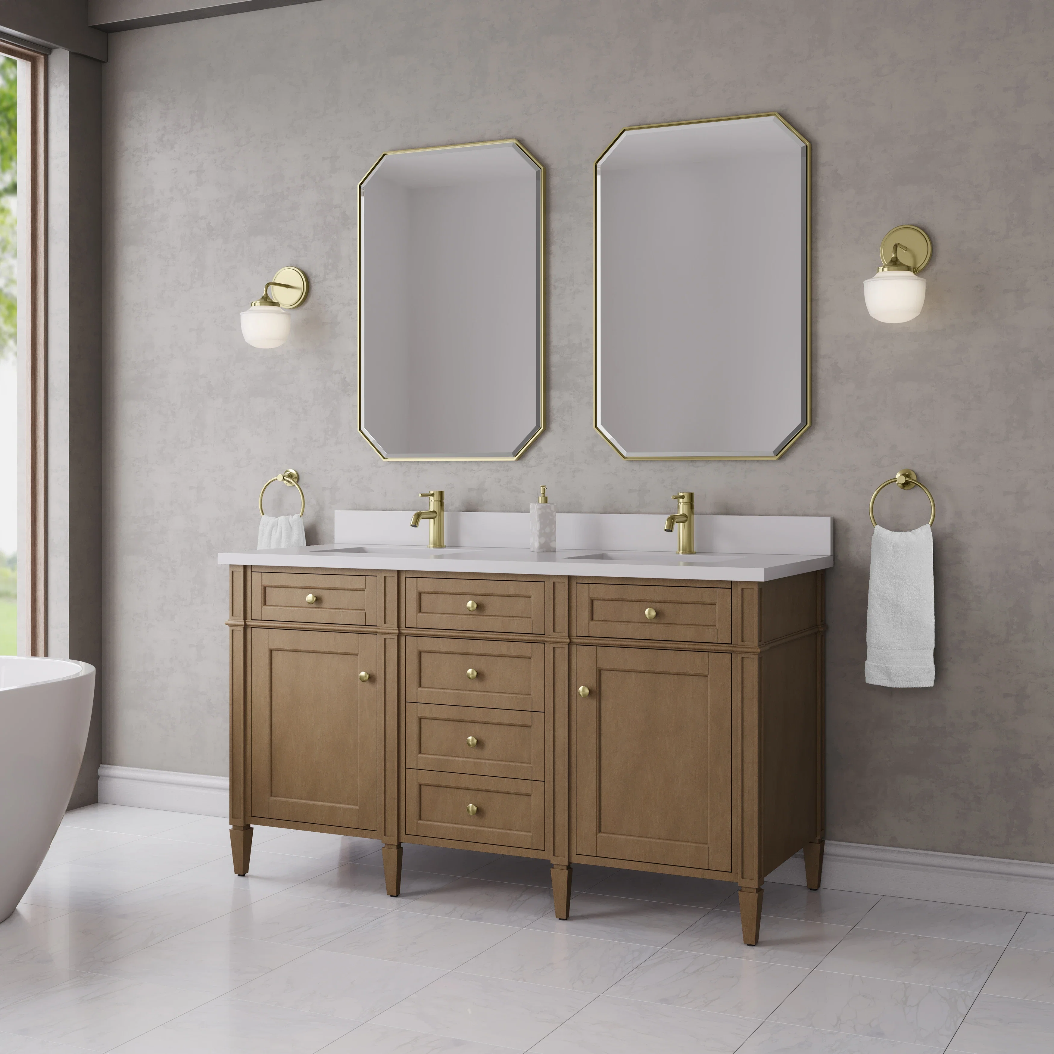 Brittany 60" Double Vanity, Pecan w/ Single Hole 3 CM White Zeus Silestone Top and Matching Backsplash