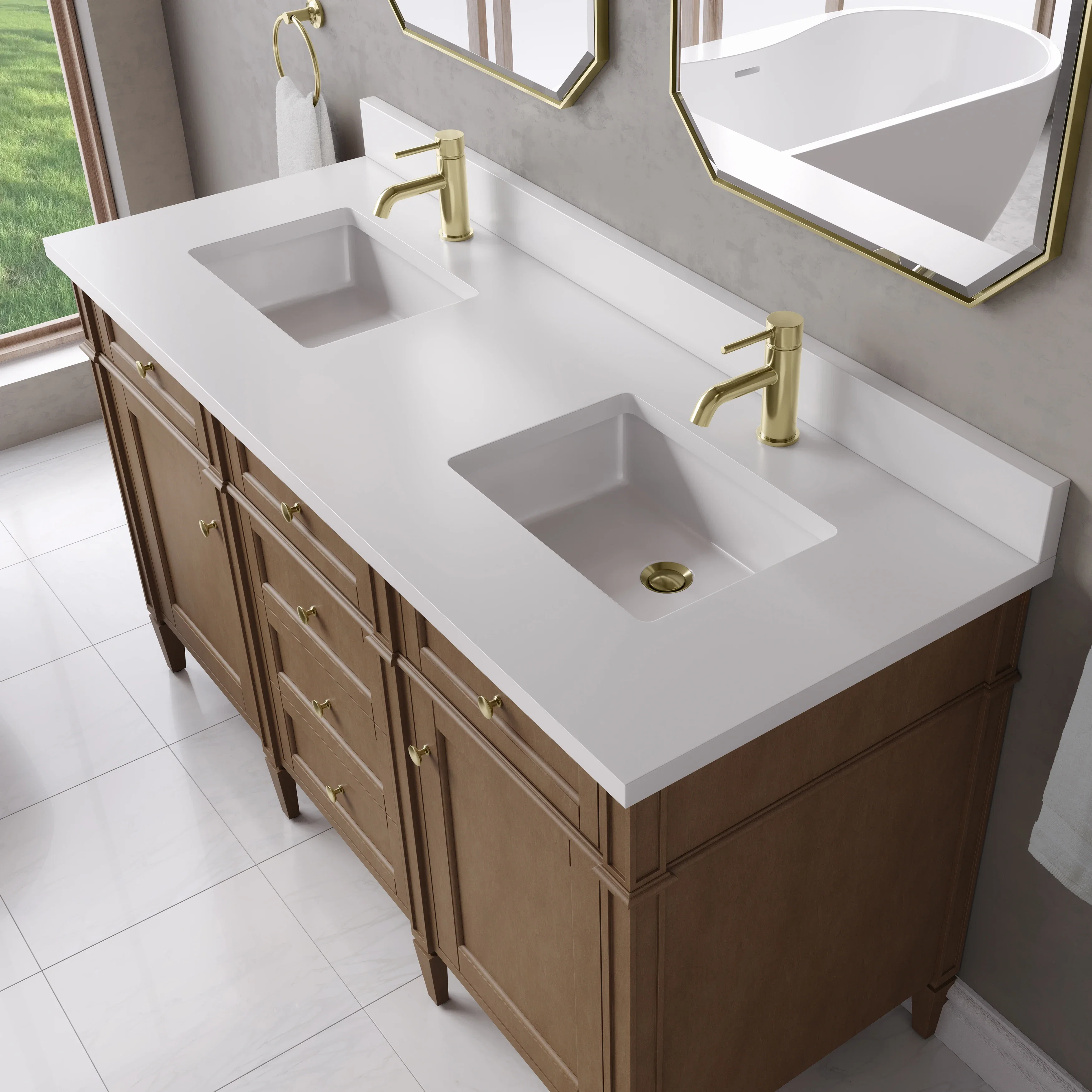Brittany 60" Double Vanity, Pecan w/ Single Hole 3 CM White Zeus Silestone Top and Matching Backsplash