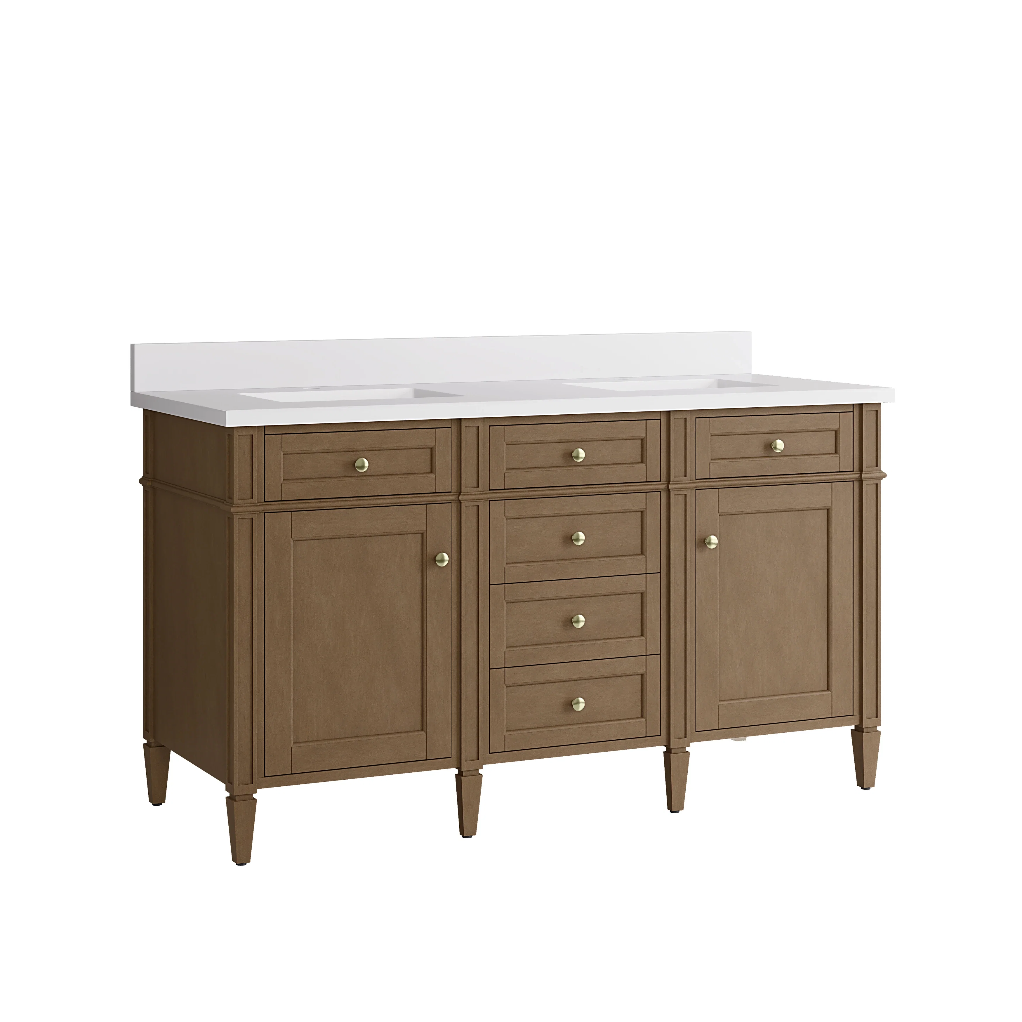 Brittany 60" Double Vanity, Pecan w/ Single Hole 3 CM White Zeus Silestone Top and Matching Backsplash