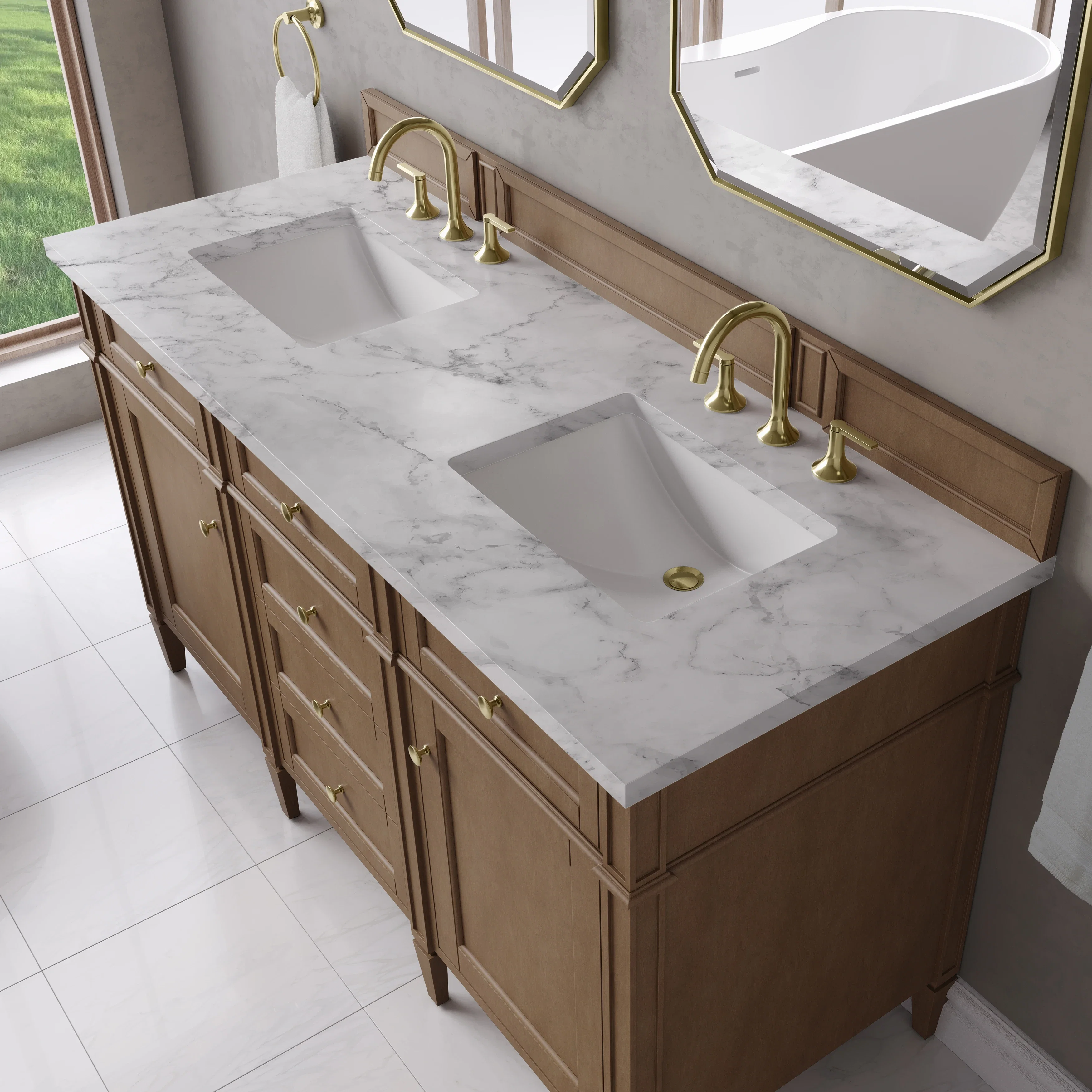 Brittany 60" Double Vanity, Pecan w/ 3 CM Carrara Marble Top