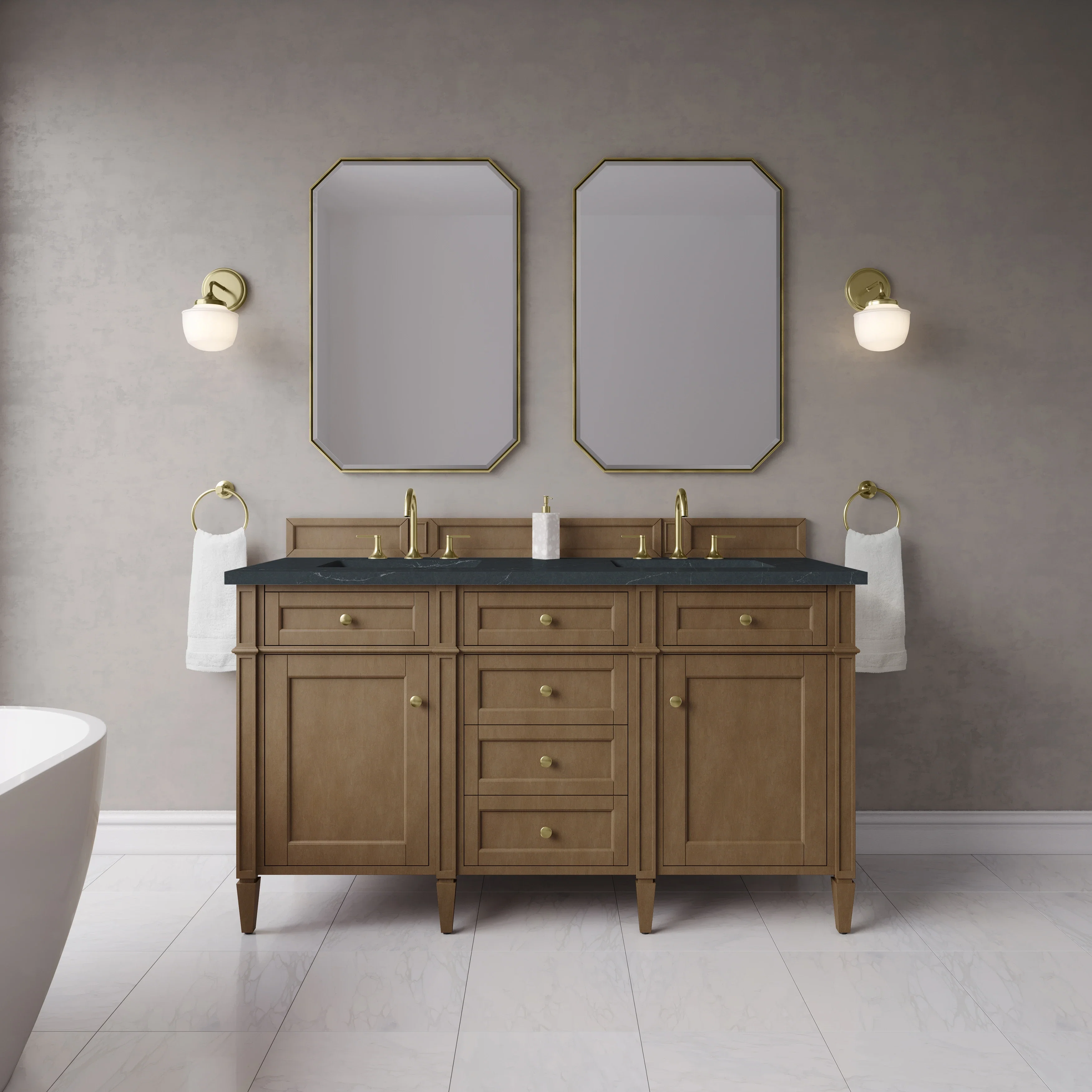 Brittany 60" Double Vanity, Pecan w/ 3 CM Charcoal Soapstone Silestone Top