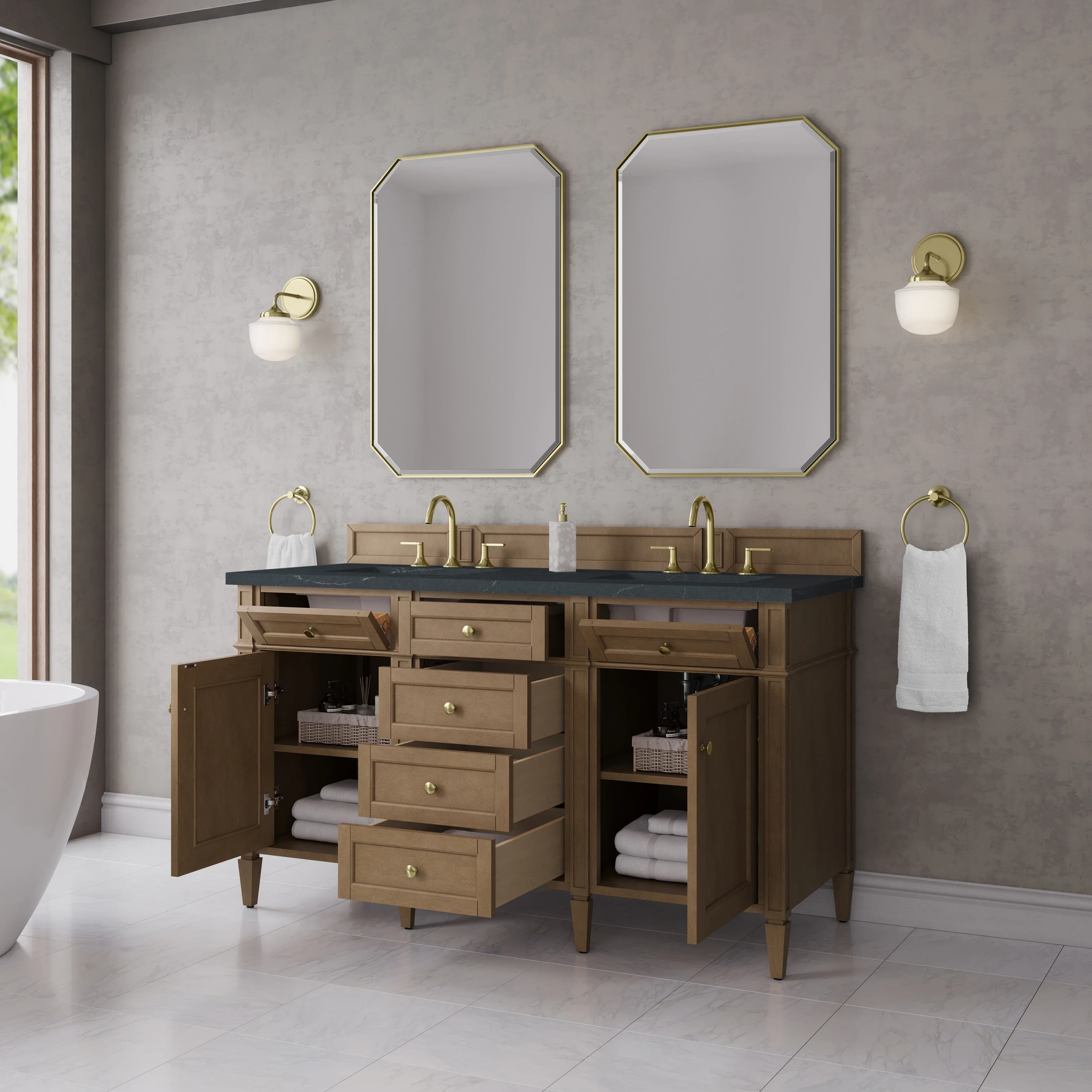 Brittany 60" Double Vanity, Pecan w/ 3 CM Charcoal Soapstone Silestone Top