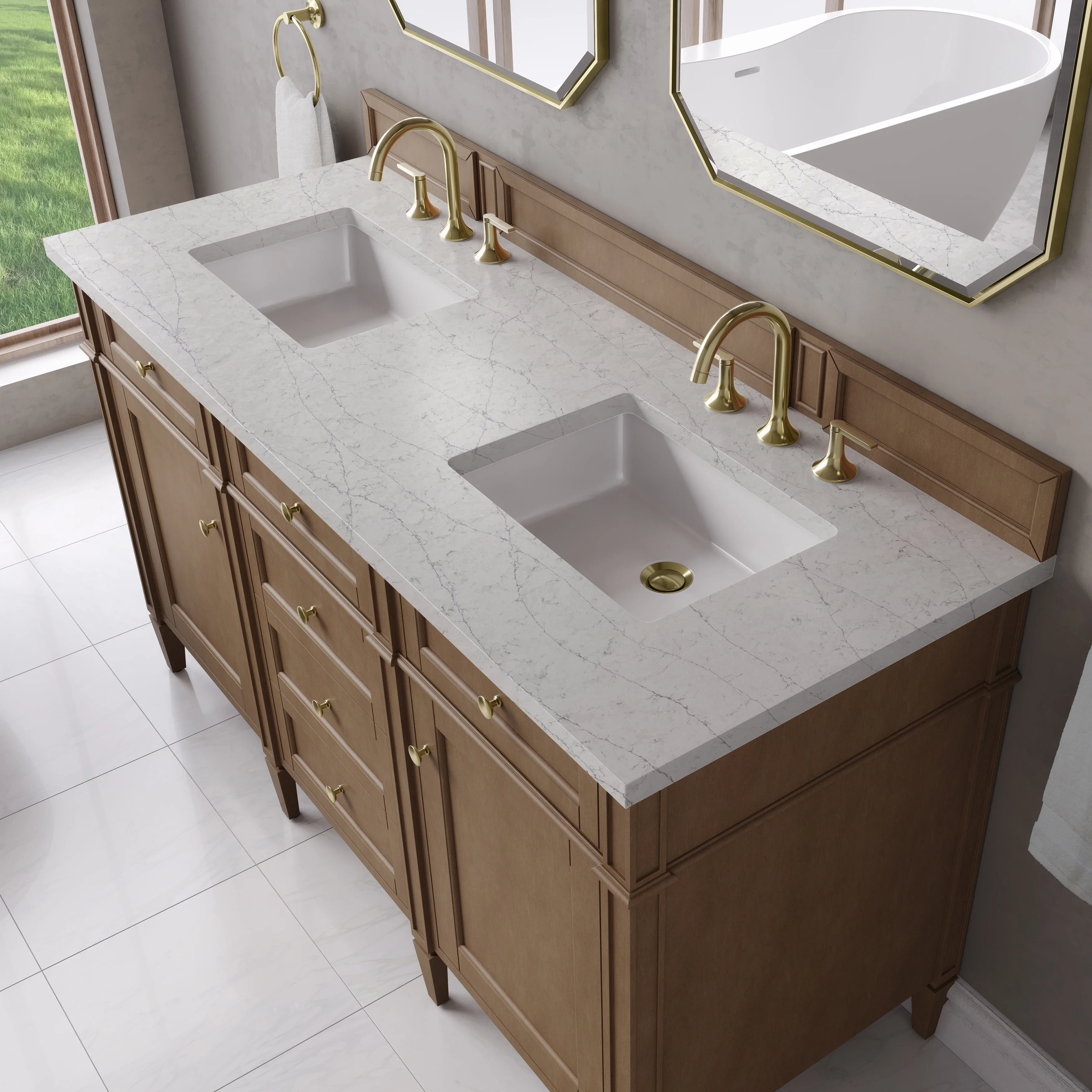 Brittany 60" Double Vanity, Pecan w/ 3 CM Eternal Jasmine Pearl Silestone Top
